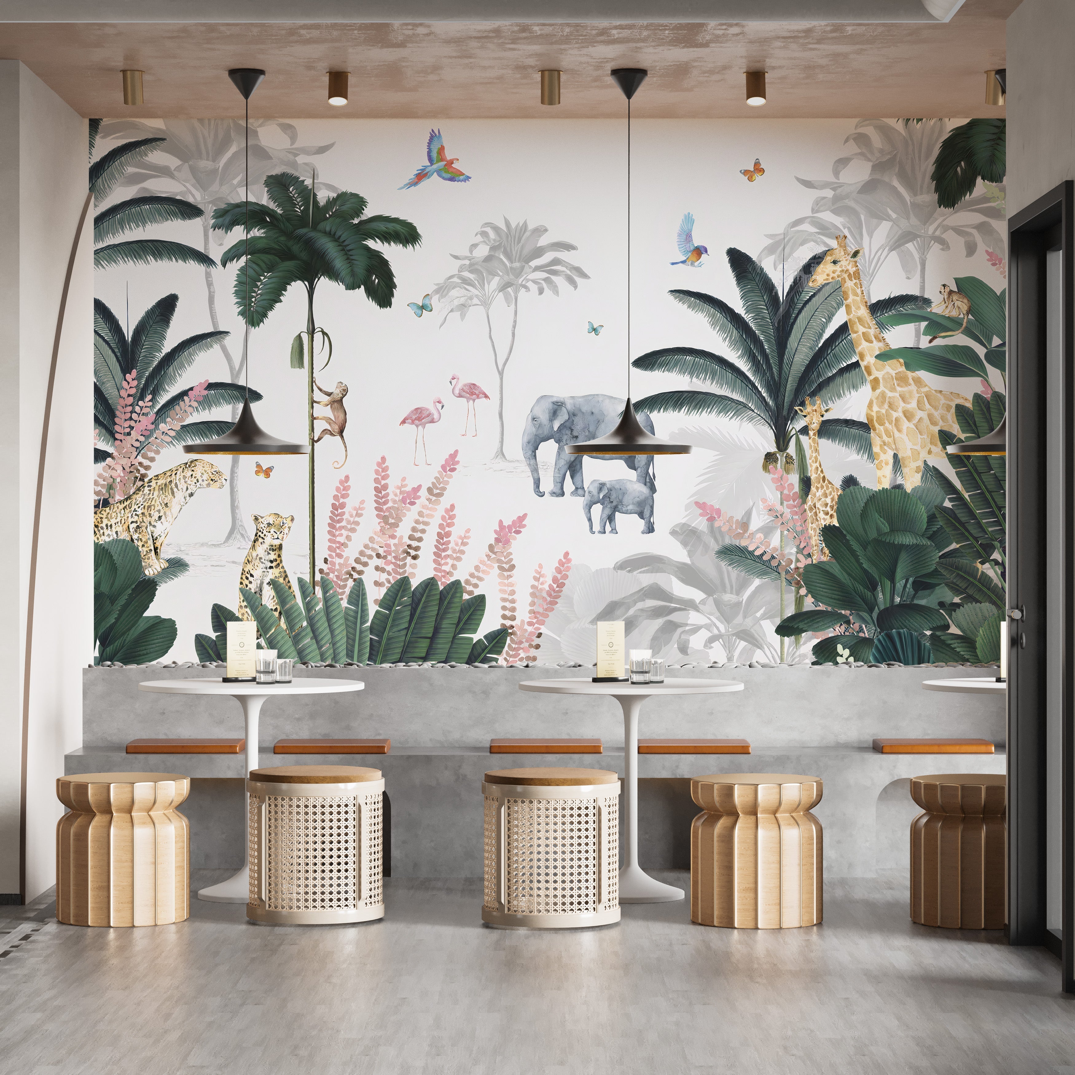 Playful kids' room wallpaper mural with tropical safari vibes.
