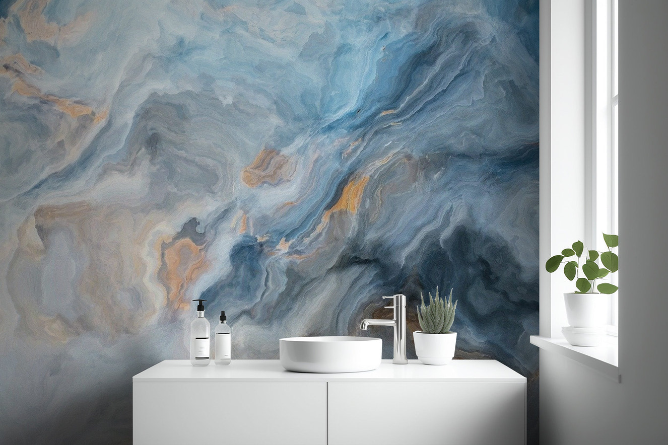 Calming blue marble design wallpaper mural for washroom
