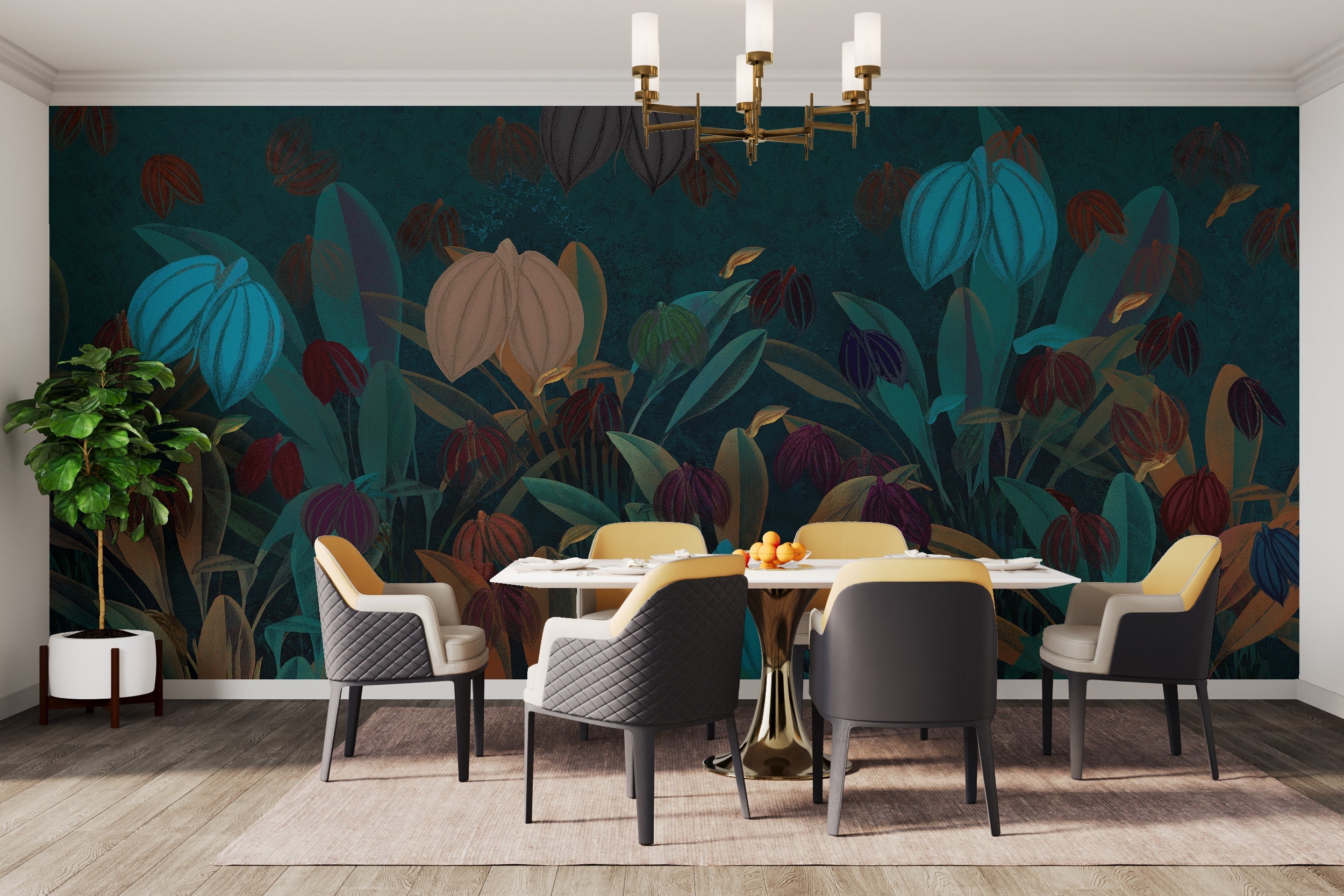 Colorful Botanical mural creates a lively dining room vibe