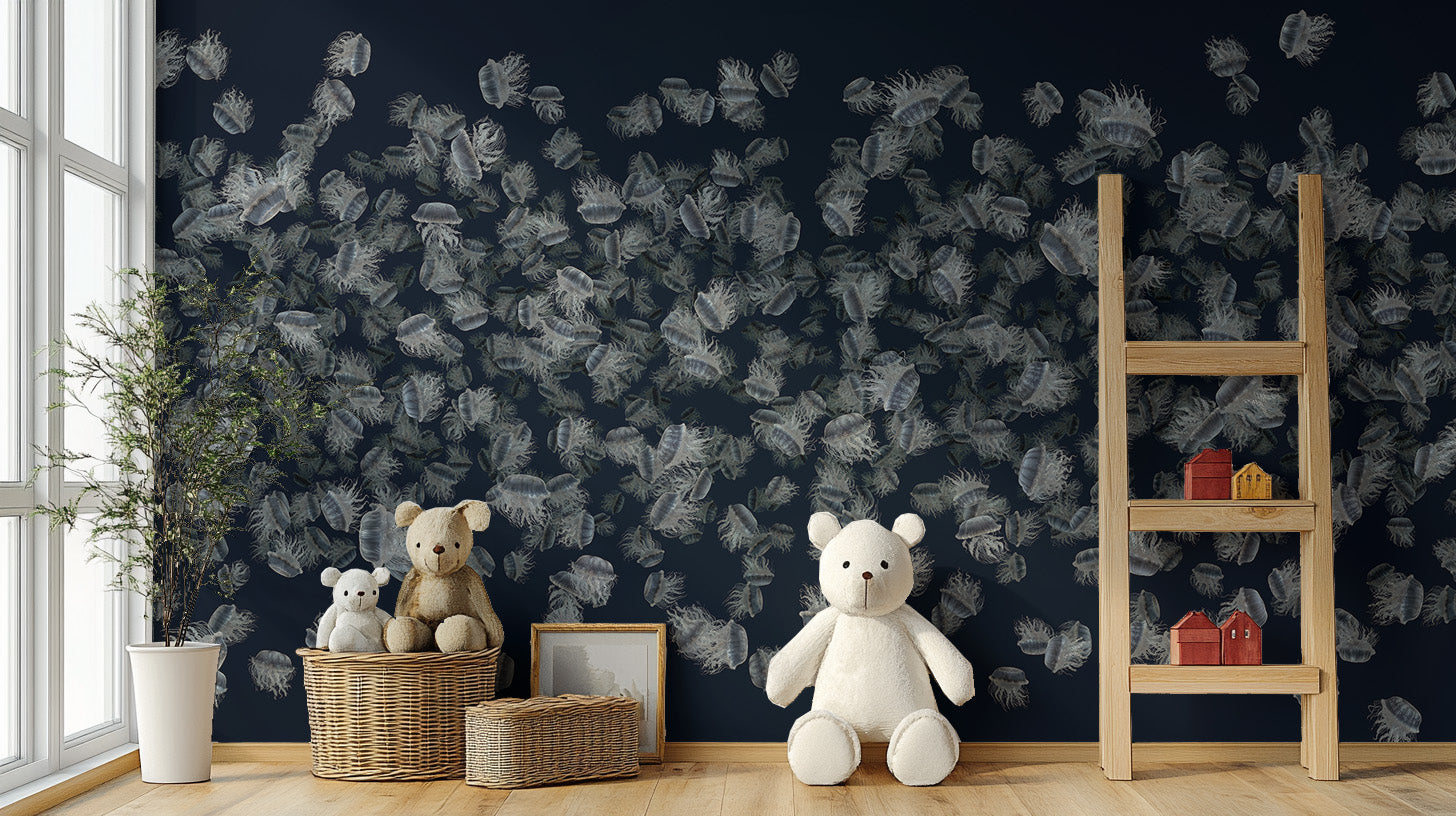 Dancing Jellyfish White on Dark Blue Wallpaper Murals - Giffywalls