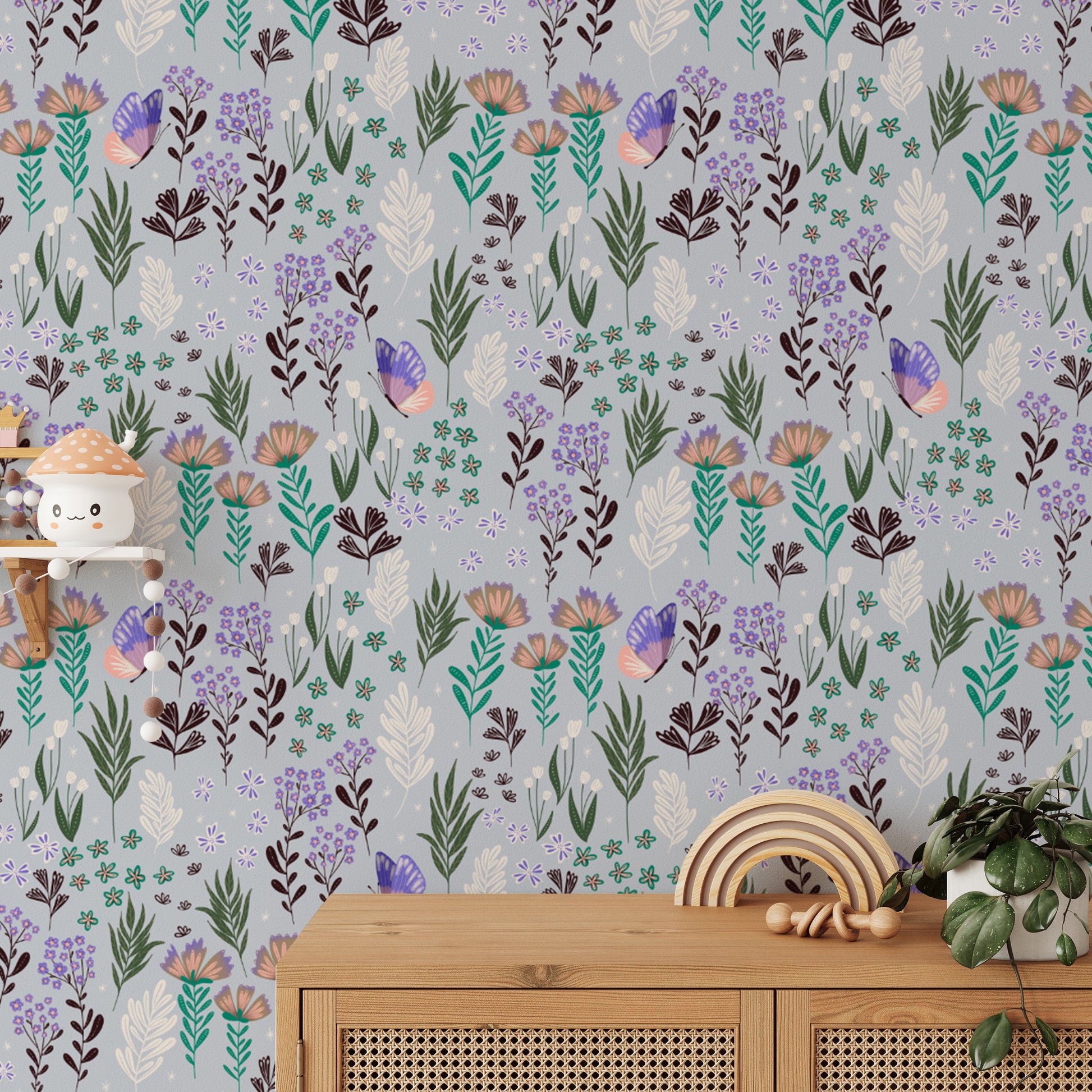 Whimsical butterfly meadow wallpaper with delicate purple accents.