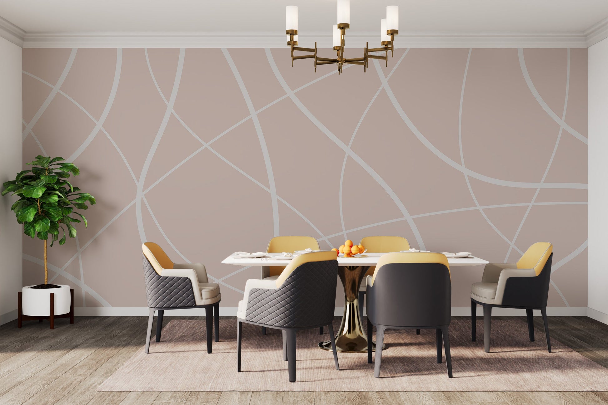 Contemporary beige linear abstract mural.
