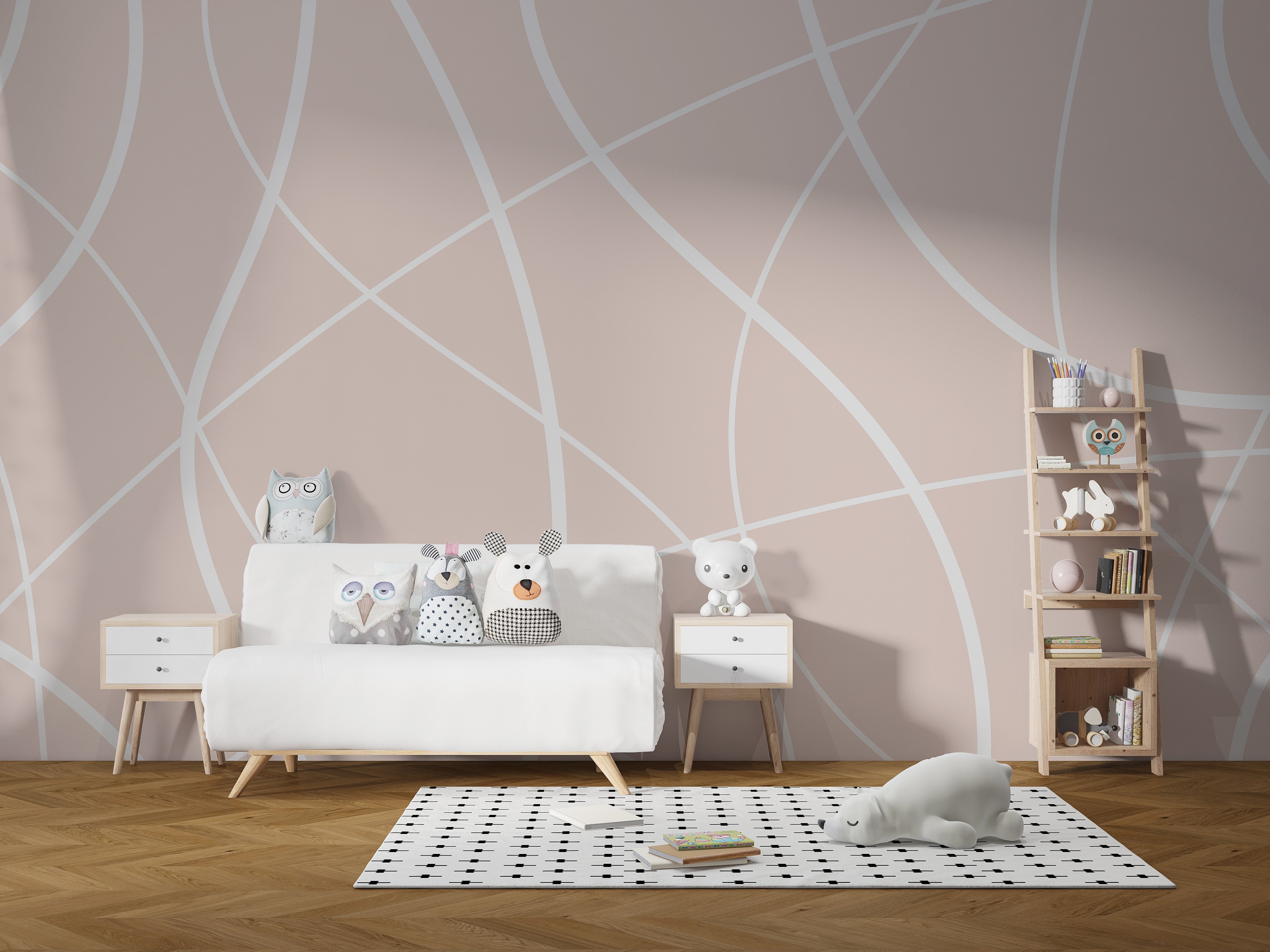 Abstract line art wallpaper in beige tones.
