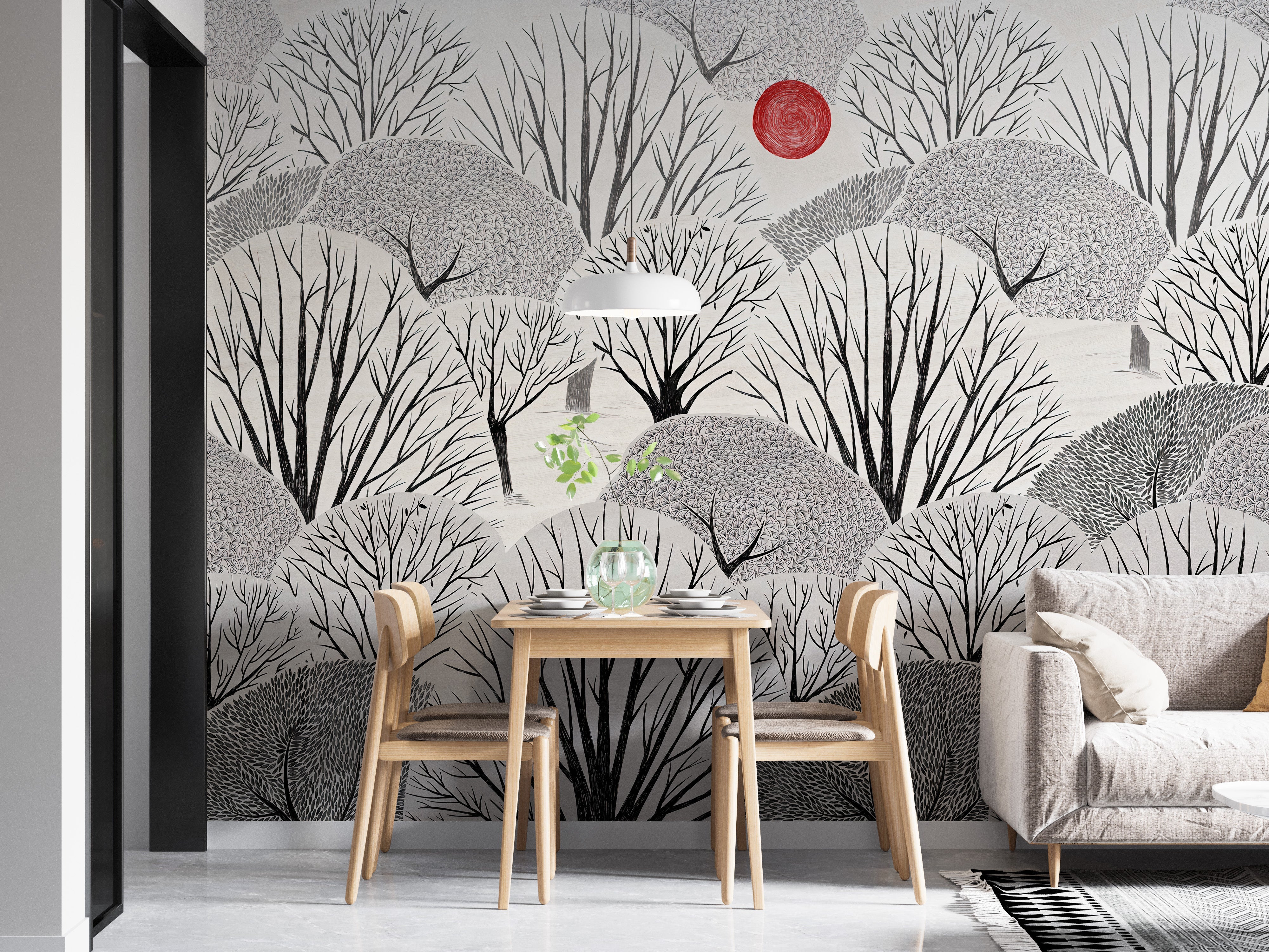 Black and white tree wallpaper mural design