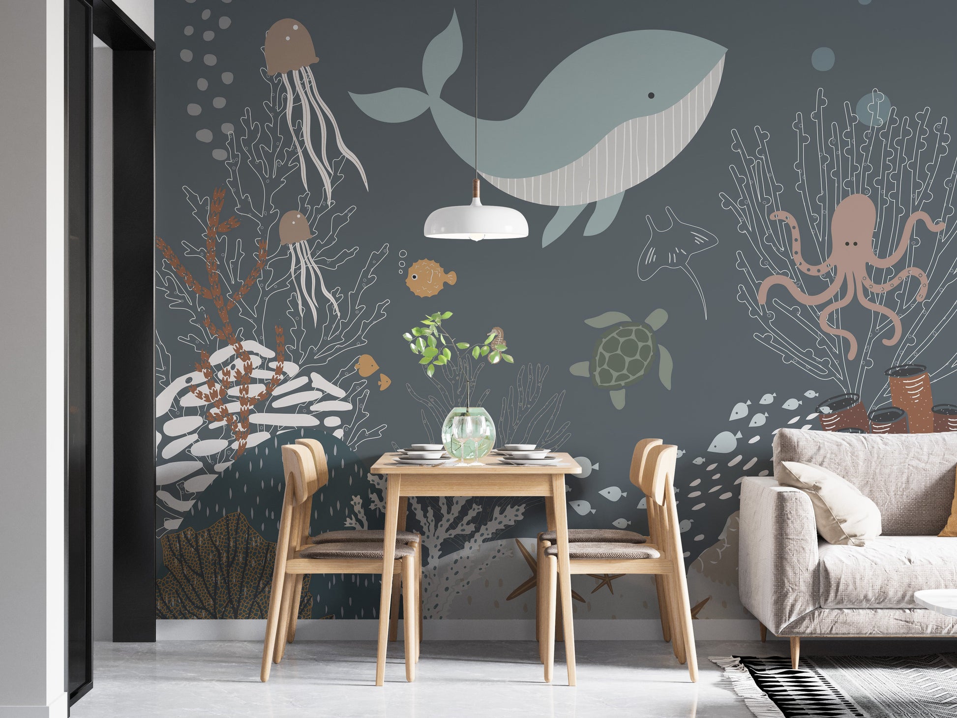 Serene aqua underwater wall mural design
