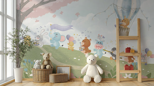 Musical menagerie wallpaper with playful animal notes