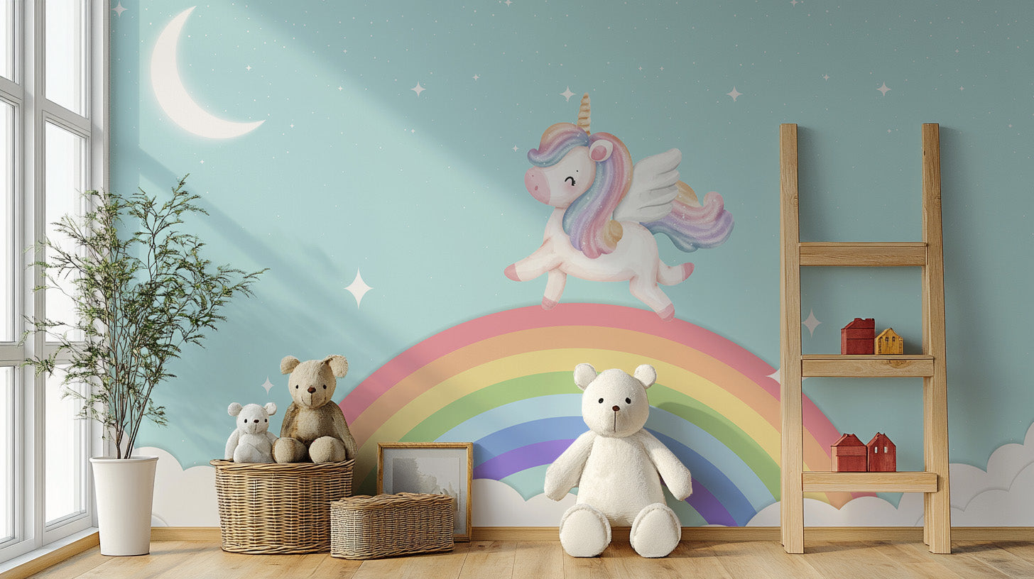 Unicorn mural wallpaper with a vibrant starlit rainbow design.
