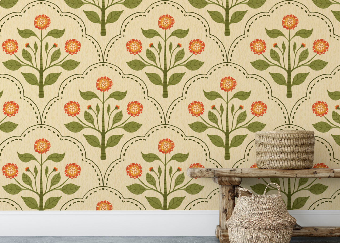 Warm-toned wallpaper with orange floral motifs
