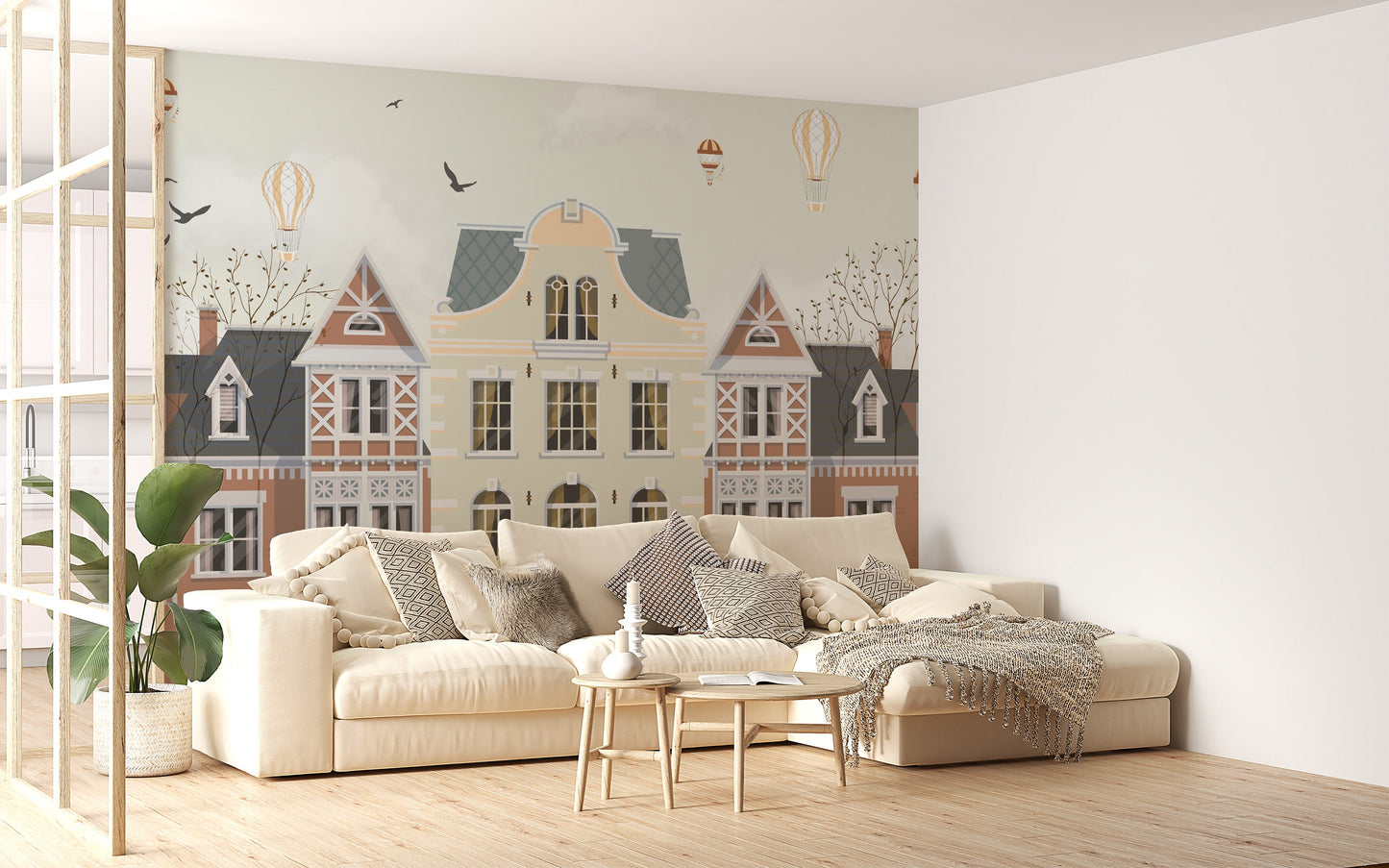 Whimsical townscape mural wallpaper with floating vintage balloons.