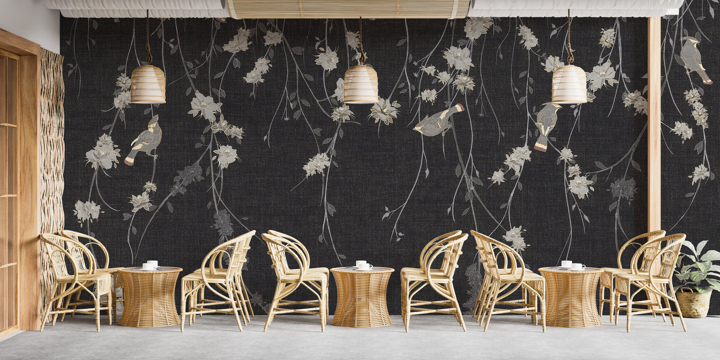 Beautiful Dark Black Flowers & Birds Wallpaper Mural - Giffywalls