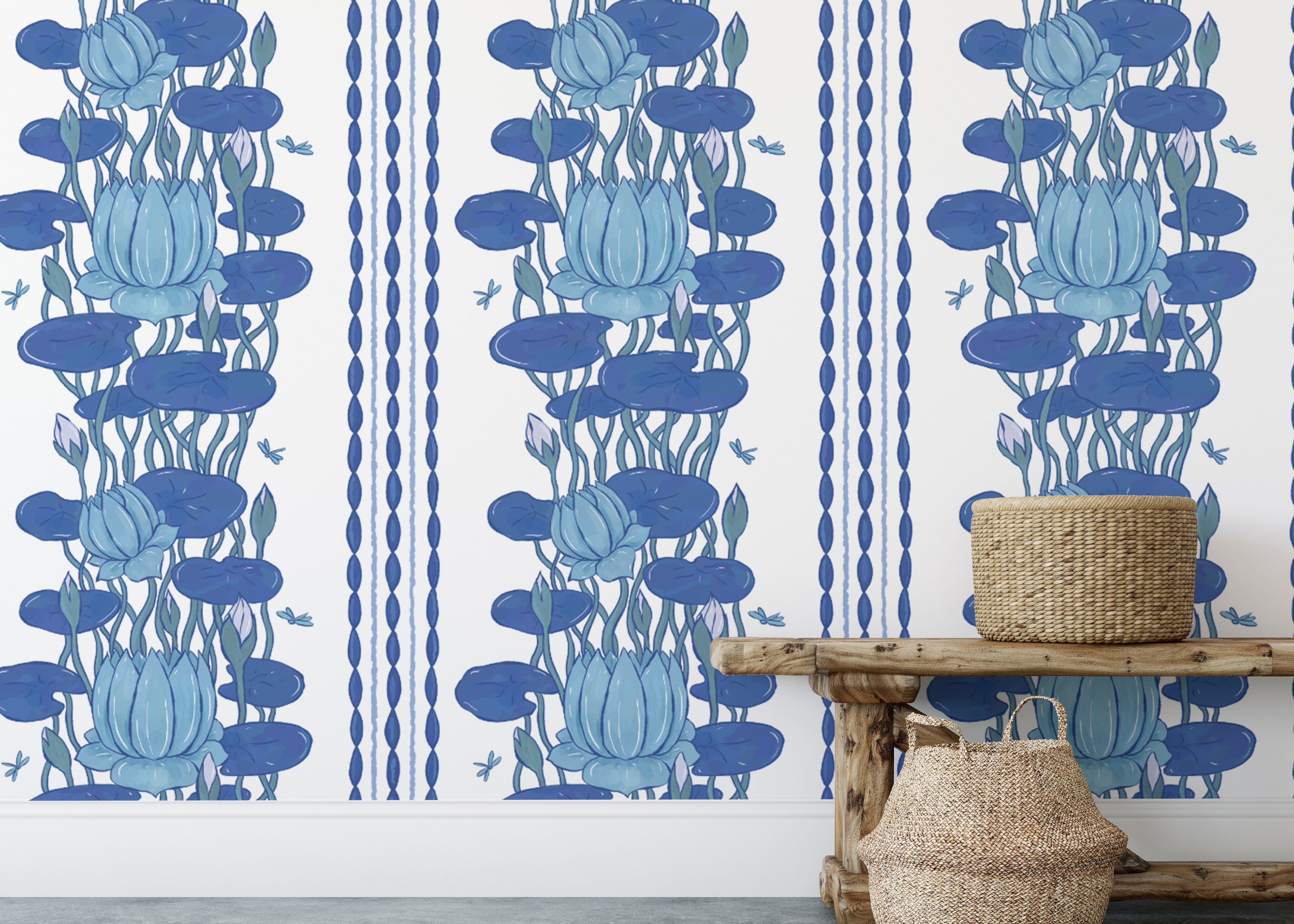 Blue lotus wall murals with vertical patterns
