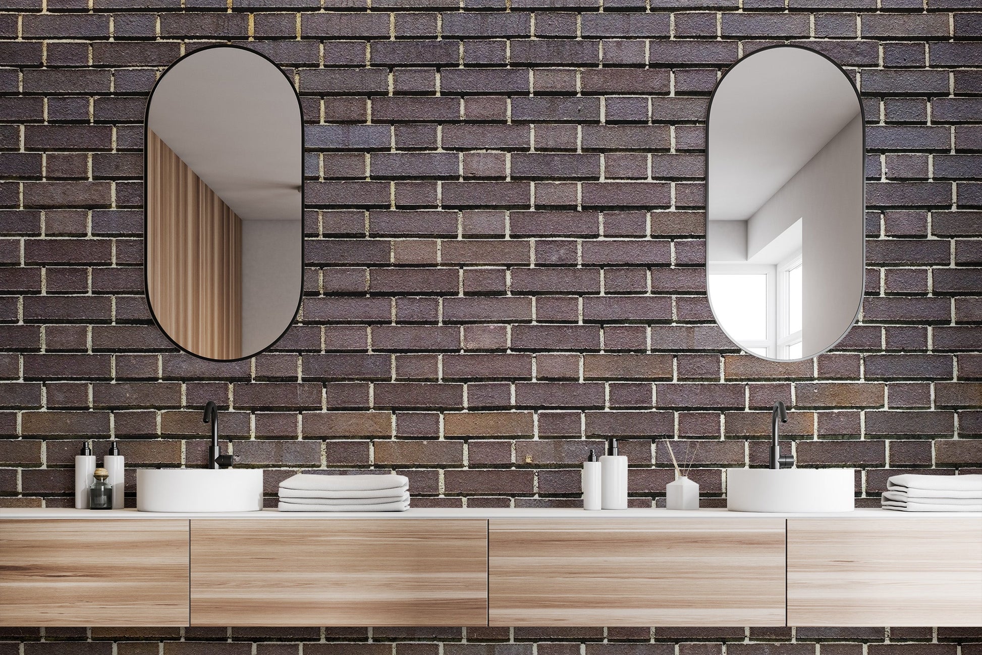 Realistic faux bricks wallpaper mural in warm brown tones.