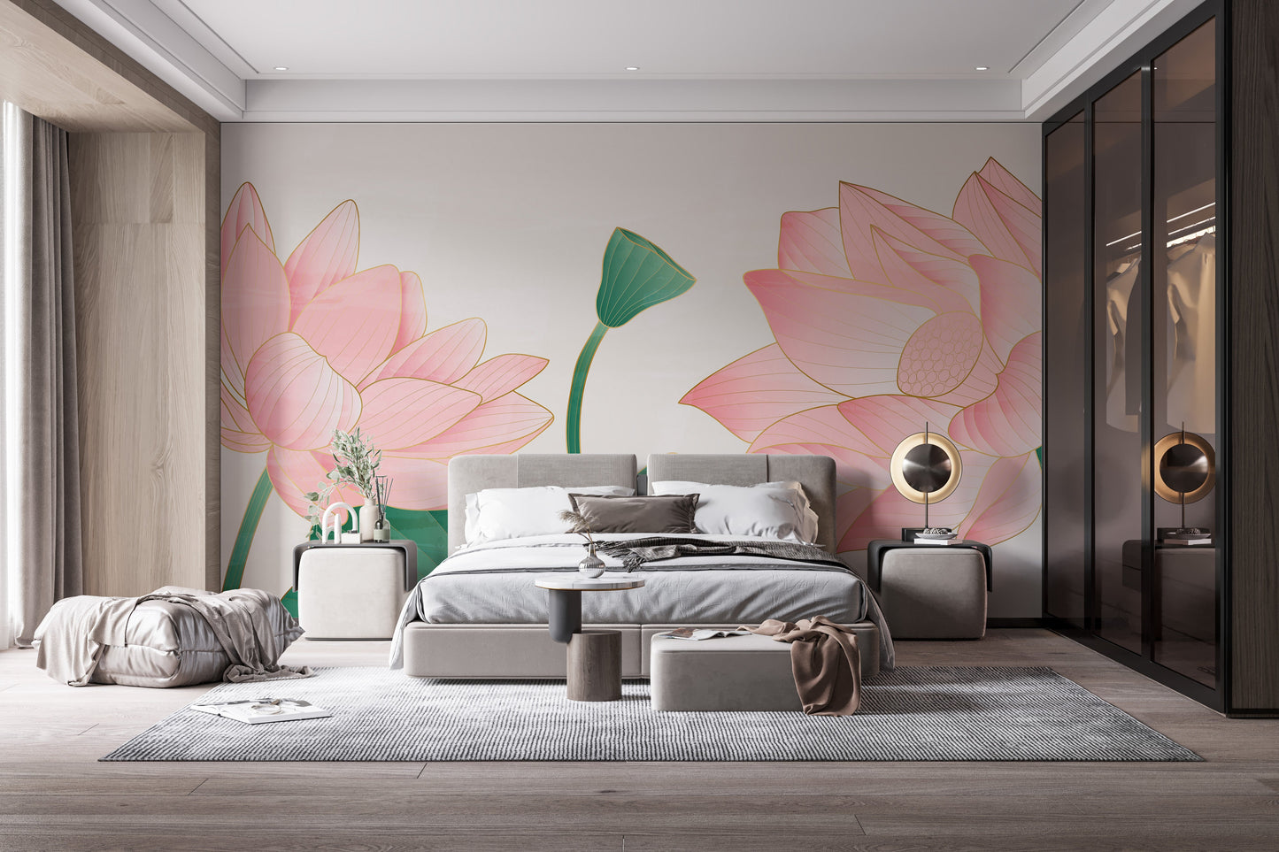 Large Golden & Pink Lotus Wallpaper Murals - Giffywalls