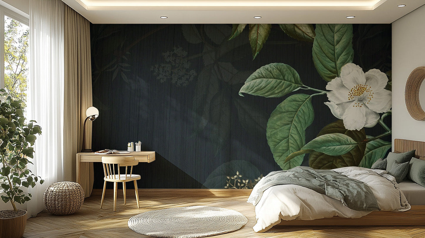 Dark Green Floral Wallpaper Mural - Giffywalls