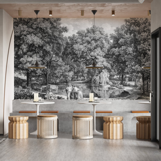 Lakeside talk mural wallpaper in black and white
