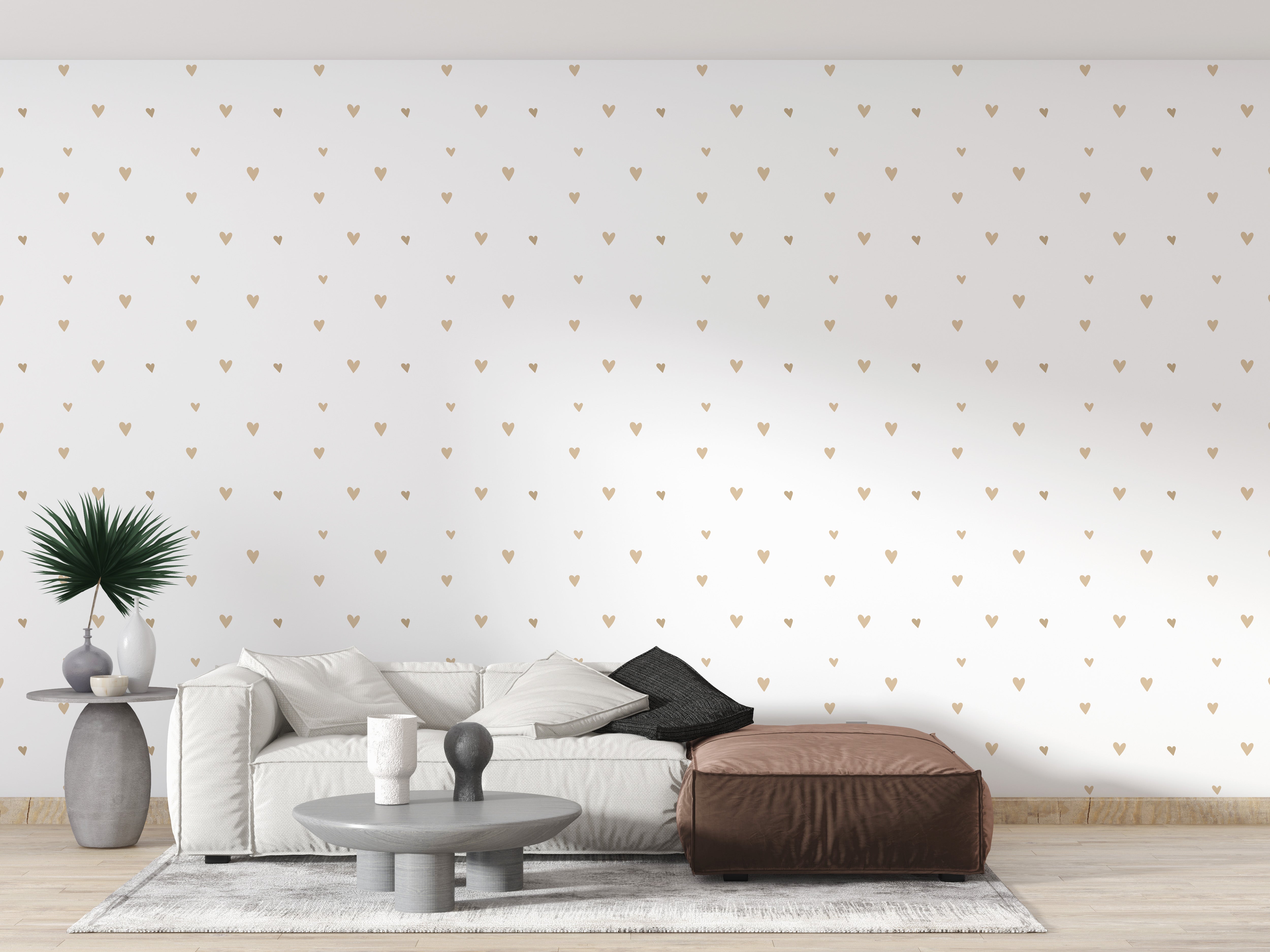 Delicate beige wallpaper with gold hearts