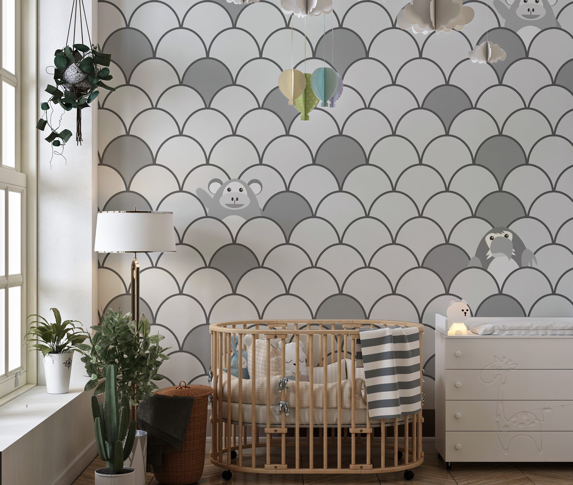 Grey Color Kids Animated Motifs Wallpaper Mural - Giffywalls