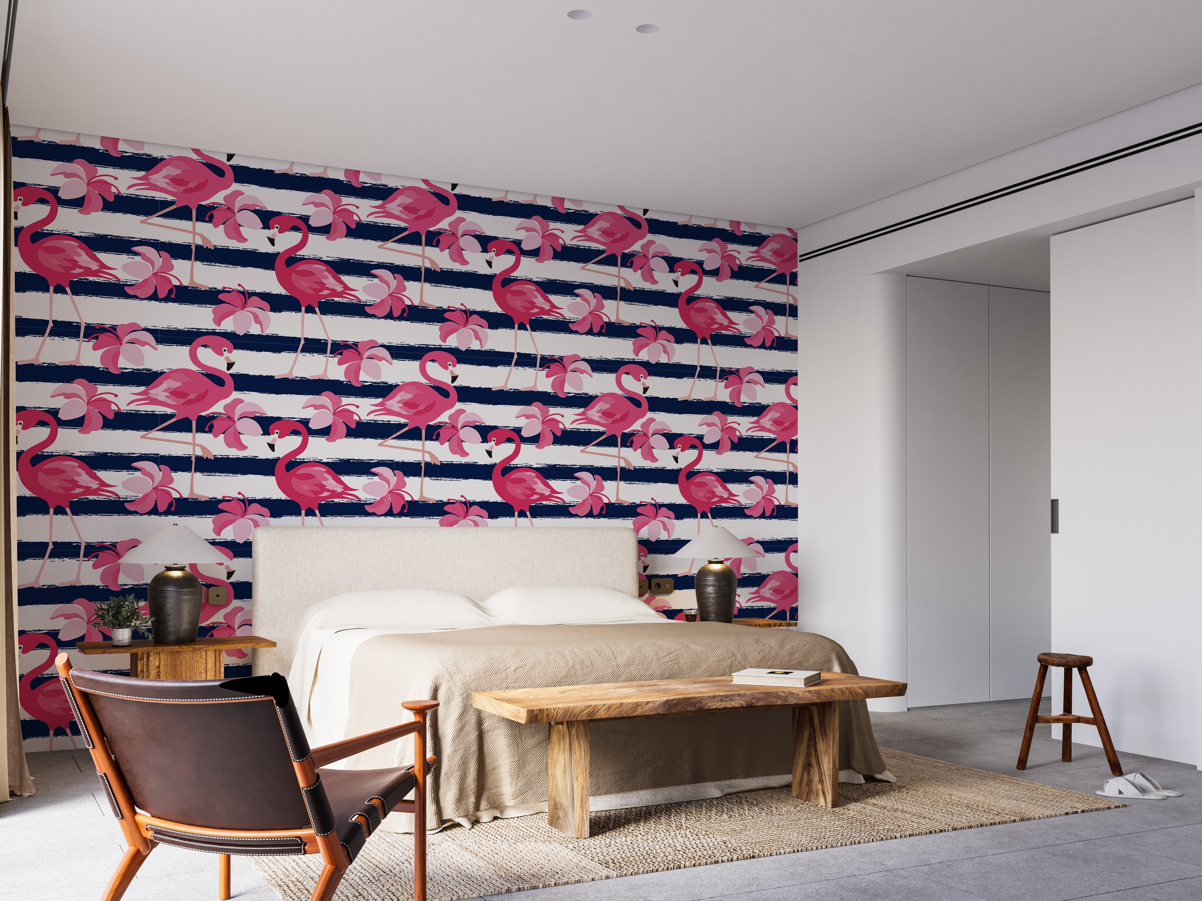 Blue Stripes & Pink Flamingo Wallpaper - Giffywalls