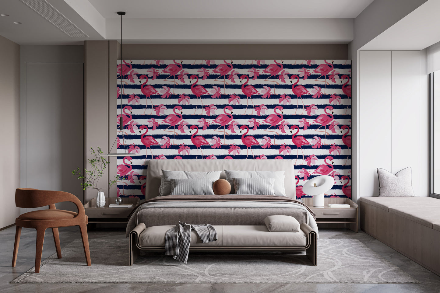 Blue Stripes & Pink Flamingo Wallpaper - Giffywalls