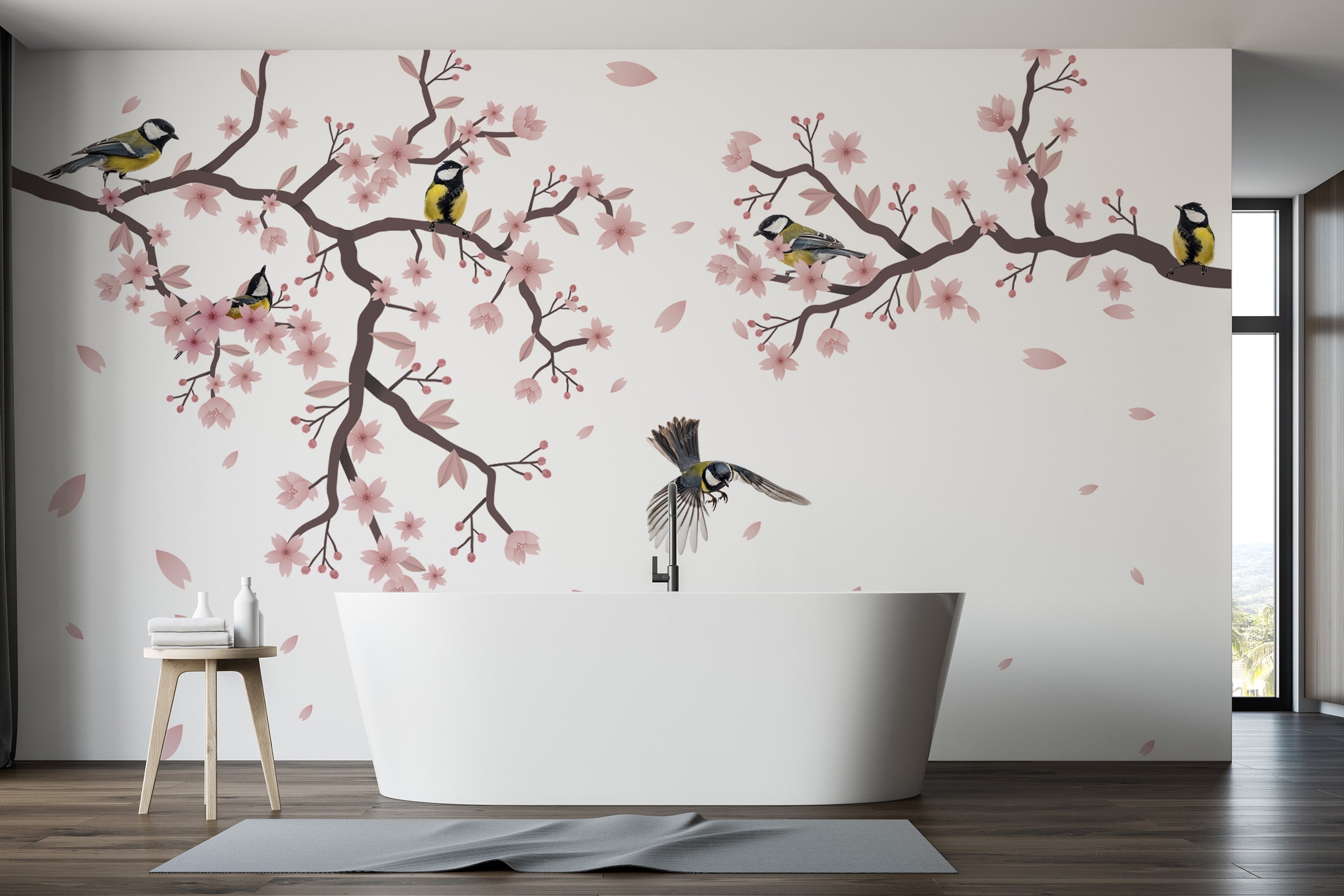 Sunset Titmouse Cherry Blossom Mural tranquil charm