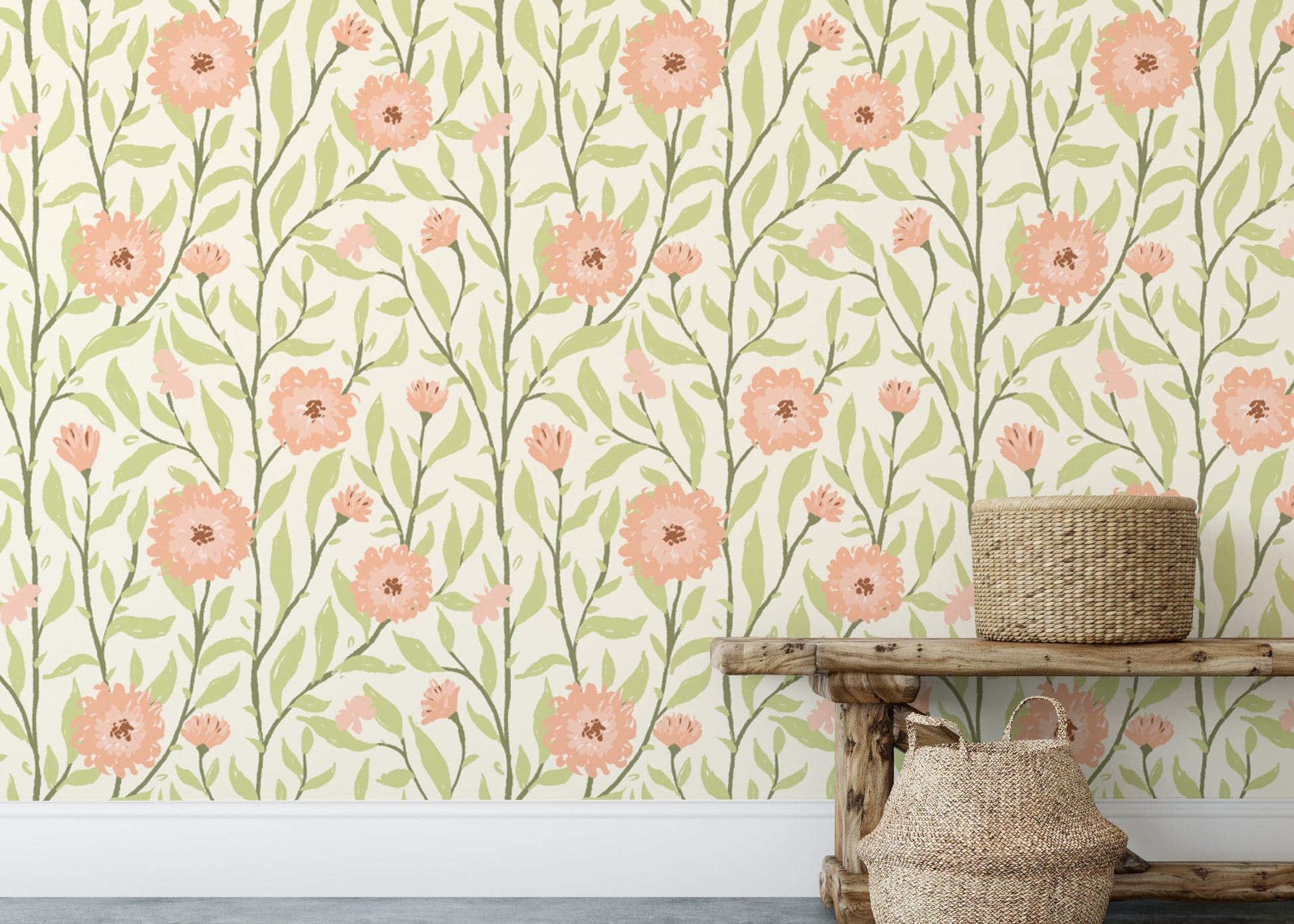 Artistic spring trellis peach fuzz wallpaper for unique wall accents.
