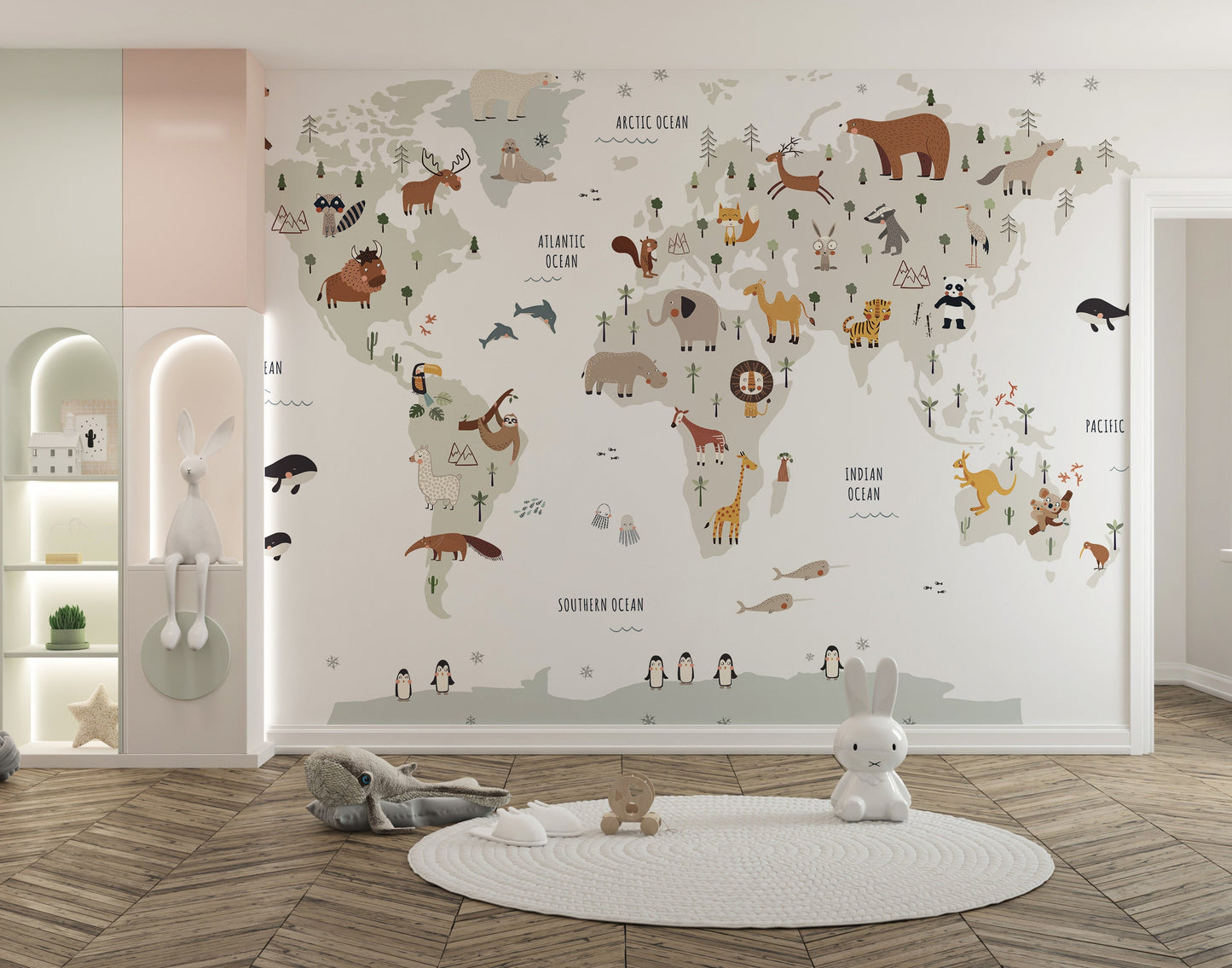 Global wildlife map wallpaper for toddler rooms
