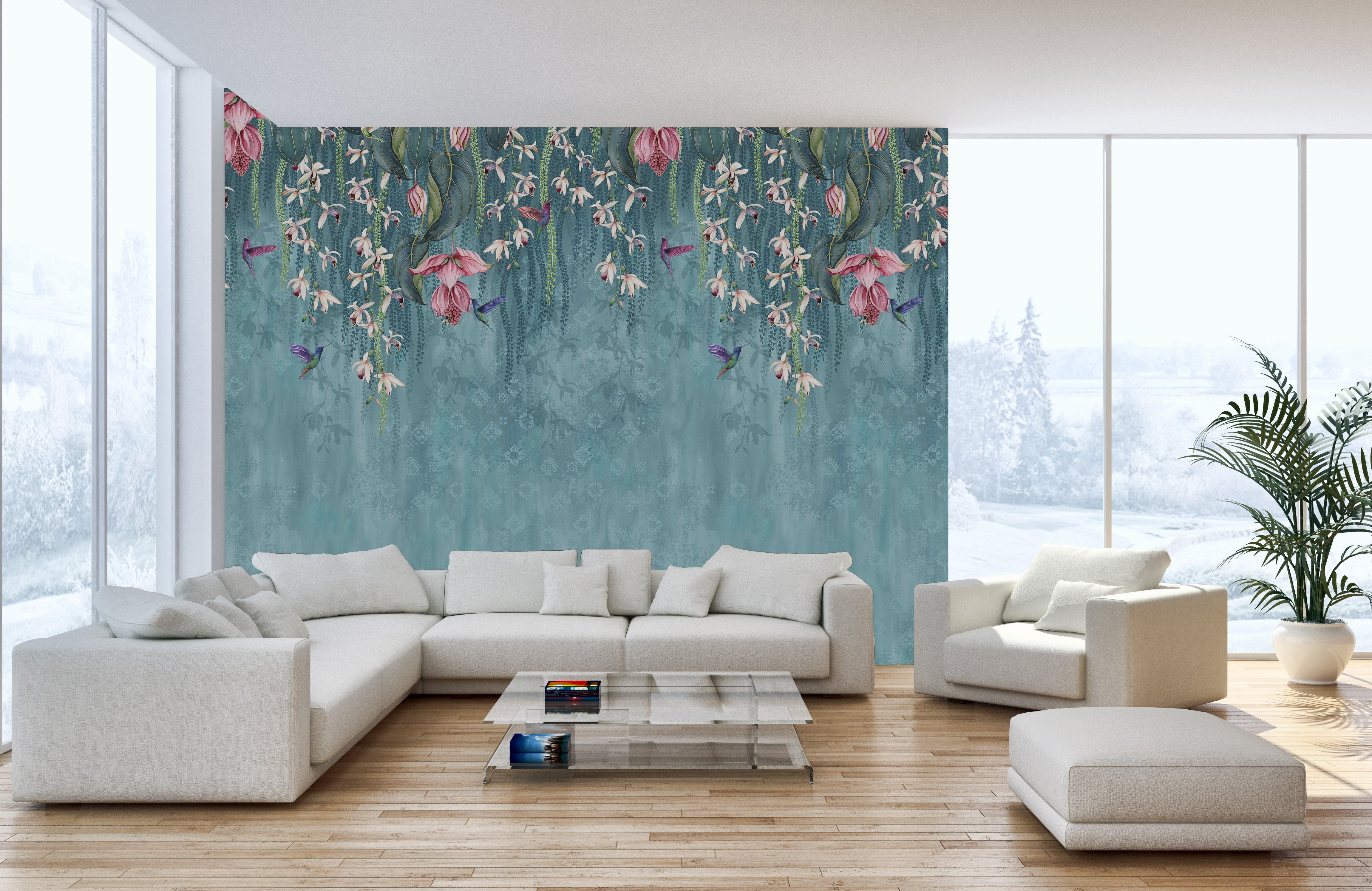 Hanging Pink Flower on Turquoise Wallpaper - Giffywalls