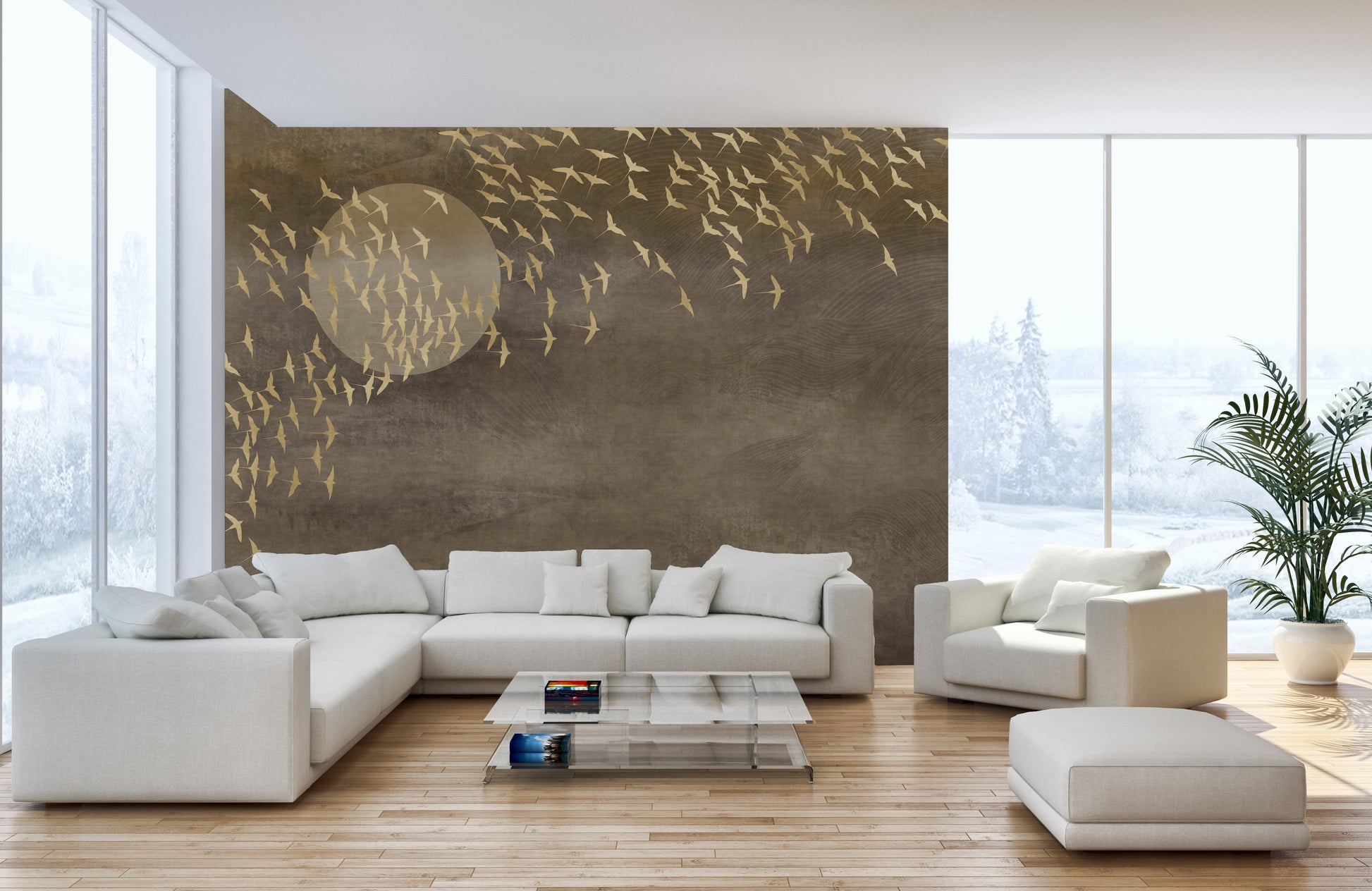 Golden Birds Flying Wallpaper Murals - Giffywalls