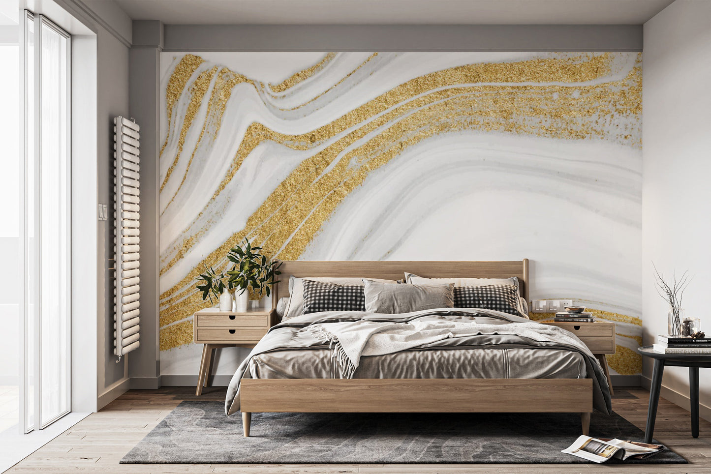 White marble wallpaper with shimmering gold accents.