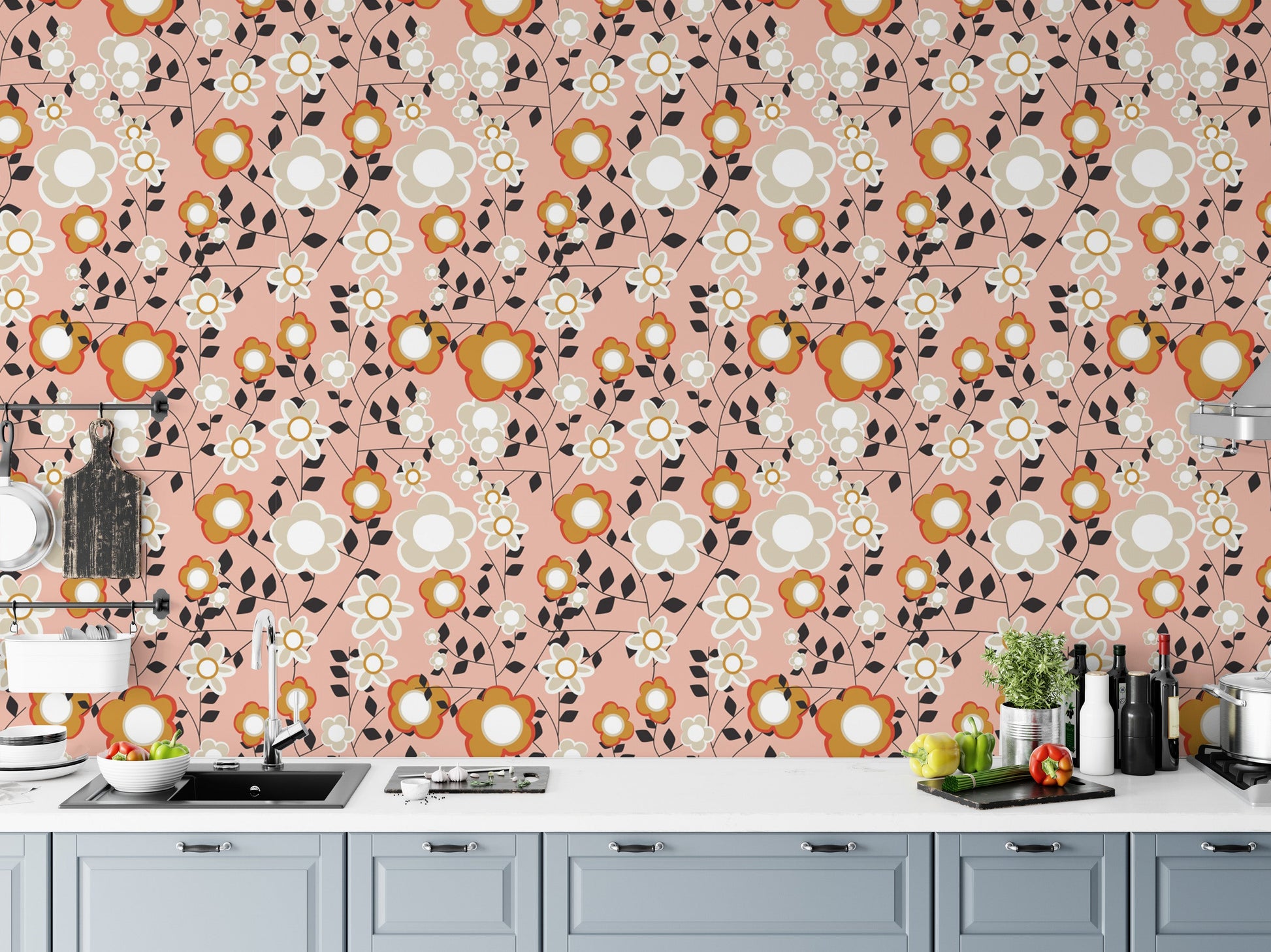 Delicate pink wallpaper with vintage flowers
