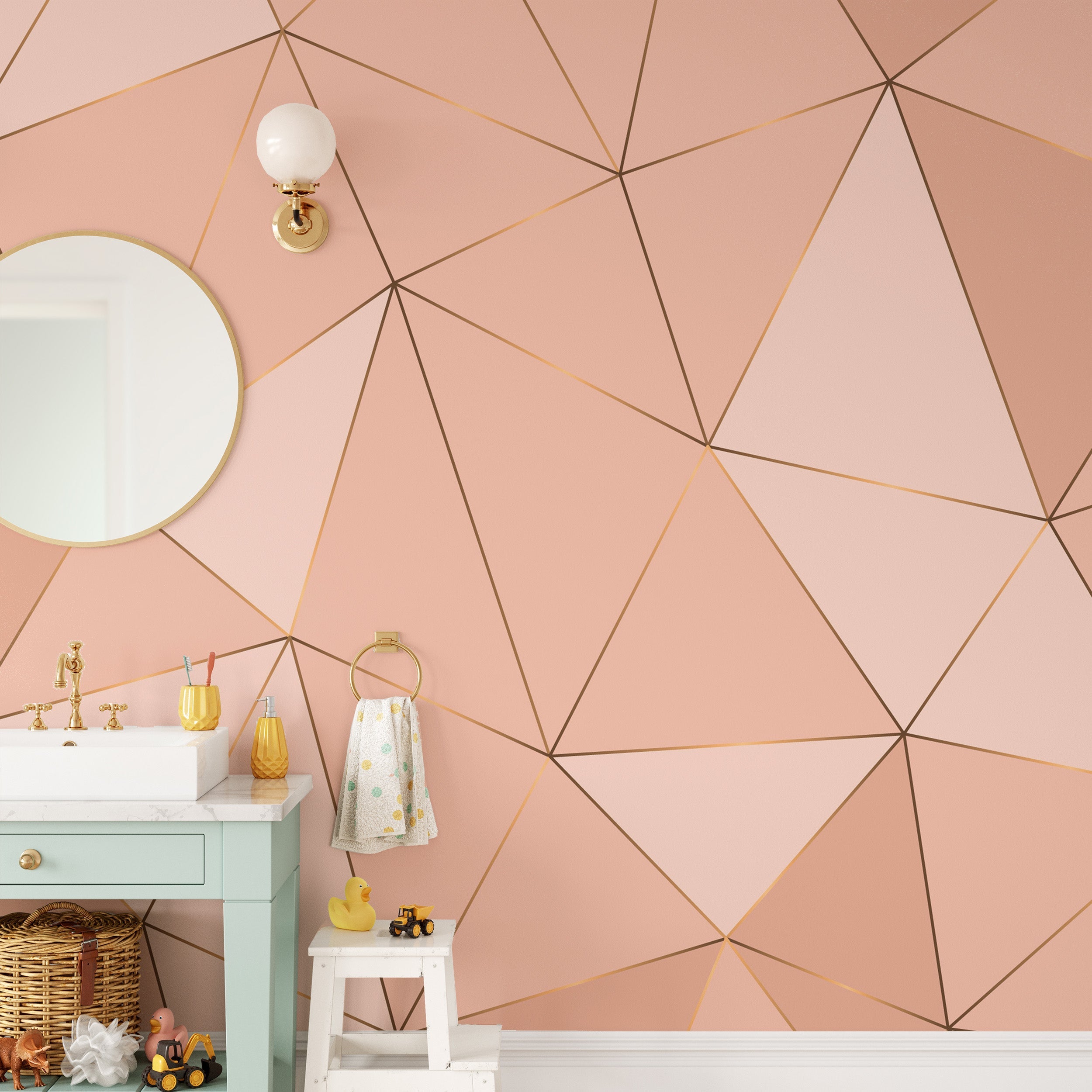 Contemporary peach wallpaper mural with geometric patterns.
