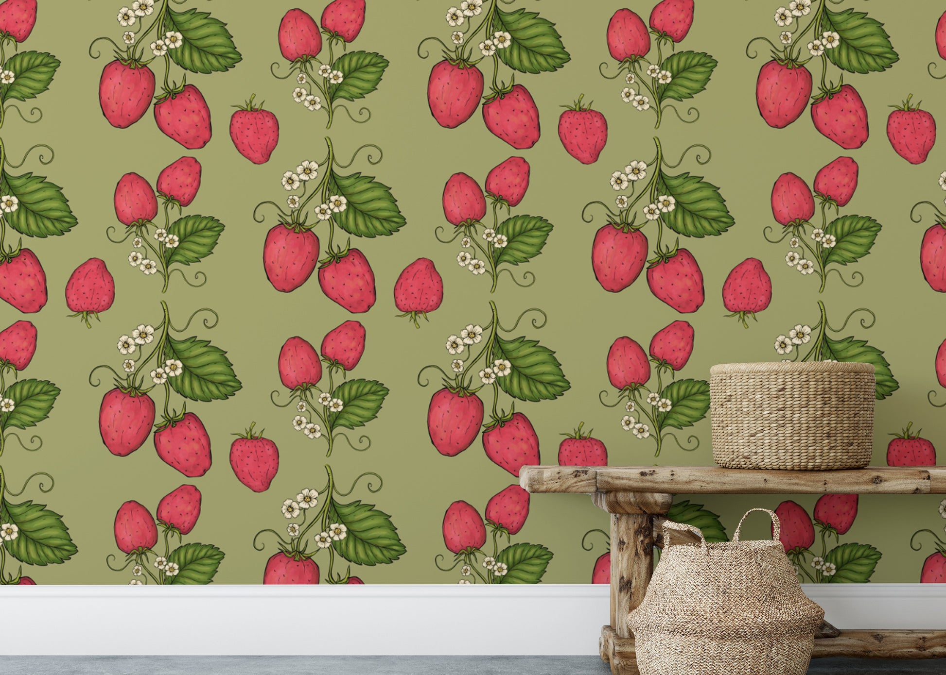 Elegant trailing strawberries wallpaper in soft pink tones.
