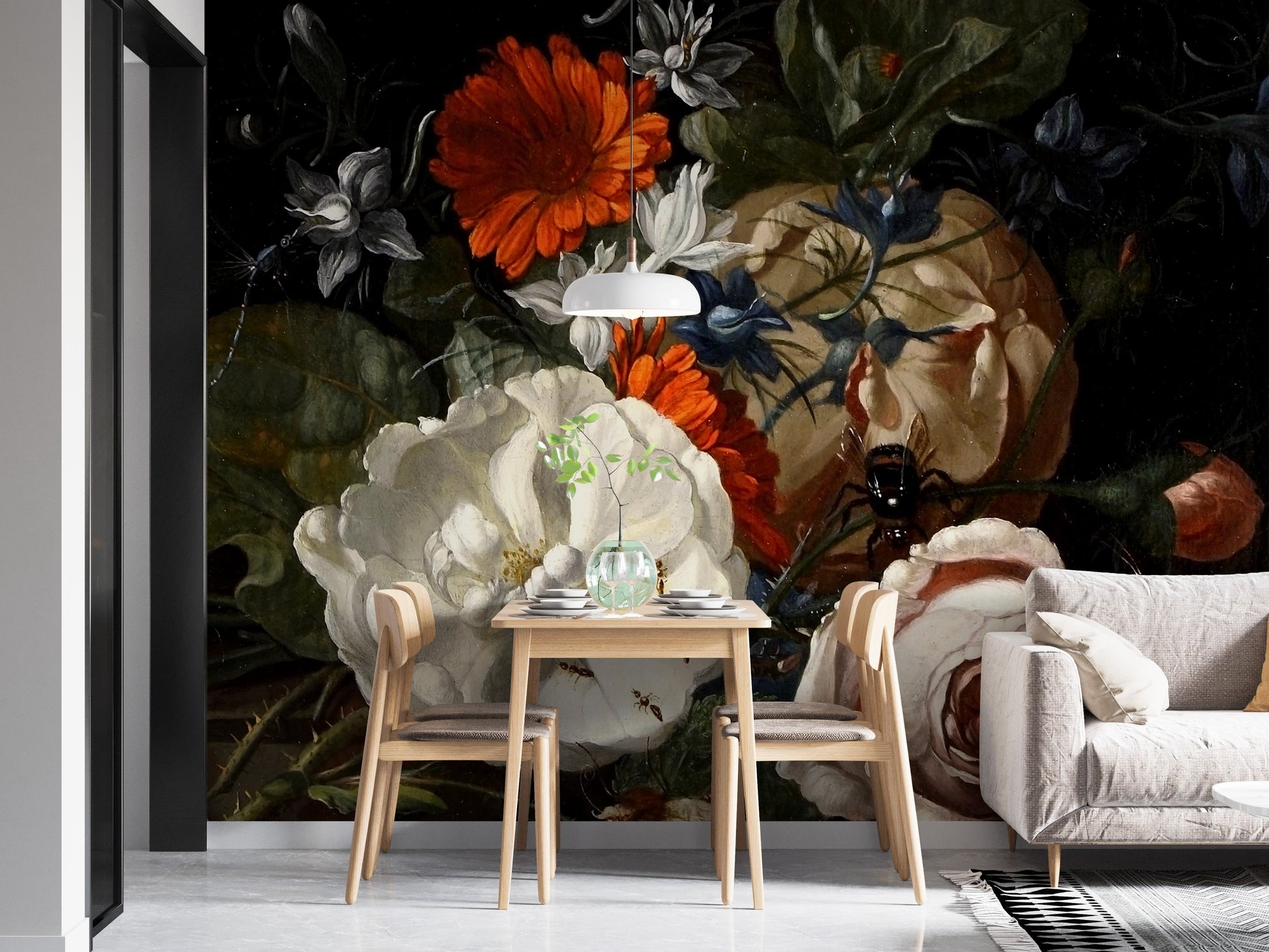 Bold flower wallpaper with natural accents
