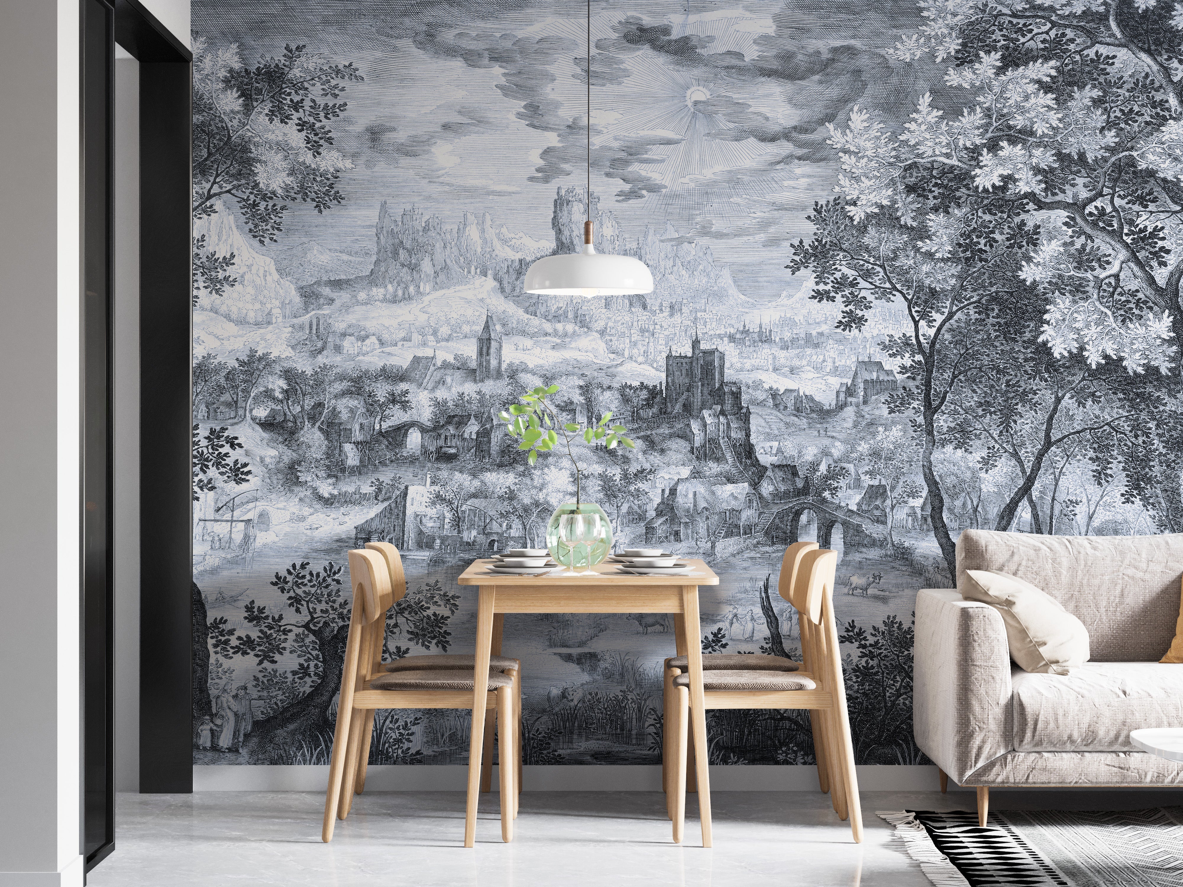 Monochrome mural wallpaper of a village view
