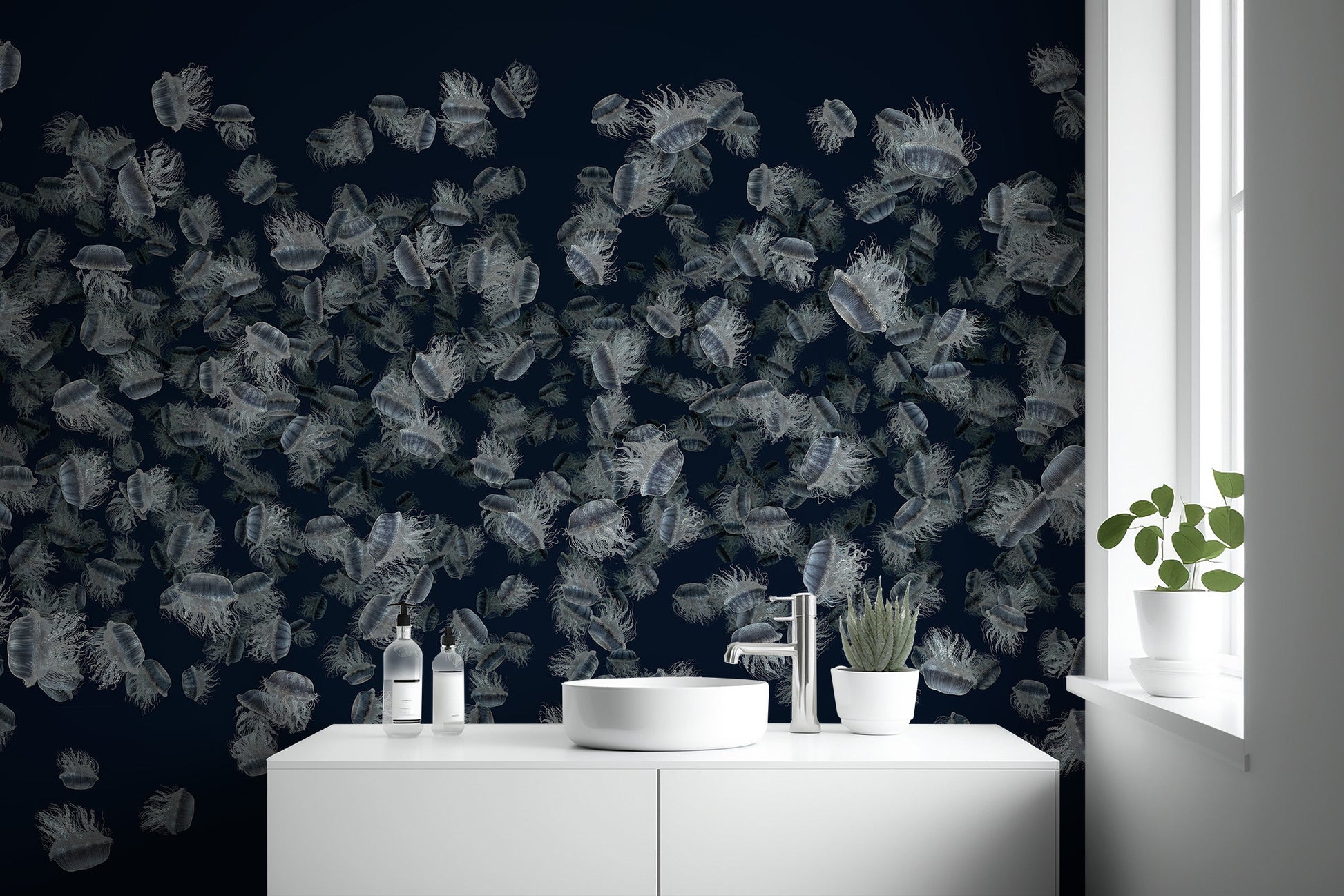 Dancing Jellyfish White on Dark Blue Wallpaper Murals - Giffywalls