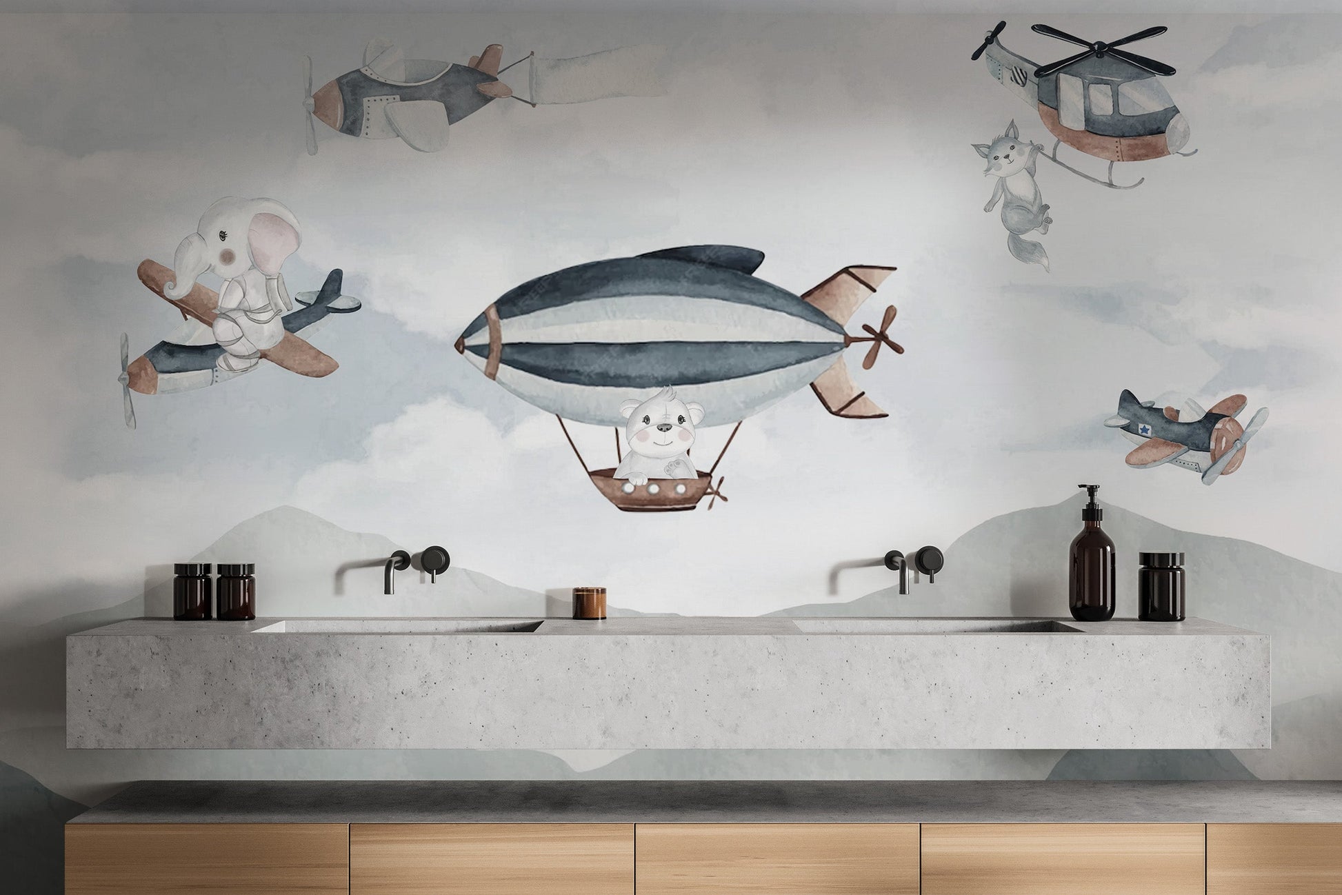 Whimsical Airborne Adventure Mural stick on wallpaper