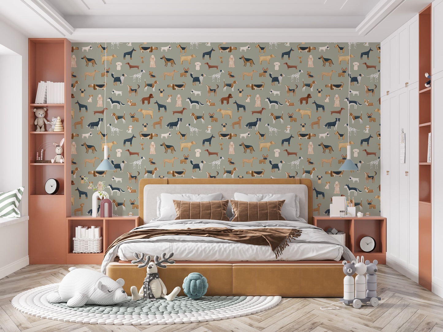 Playful dogs nursery room wallpaper design
