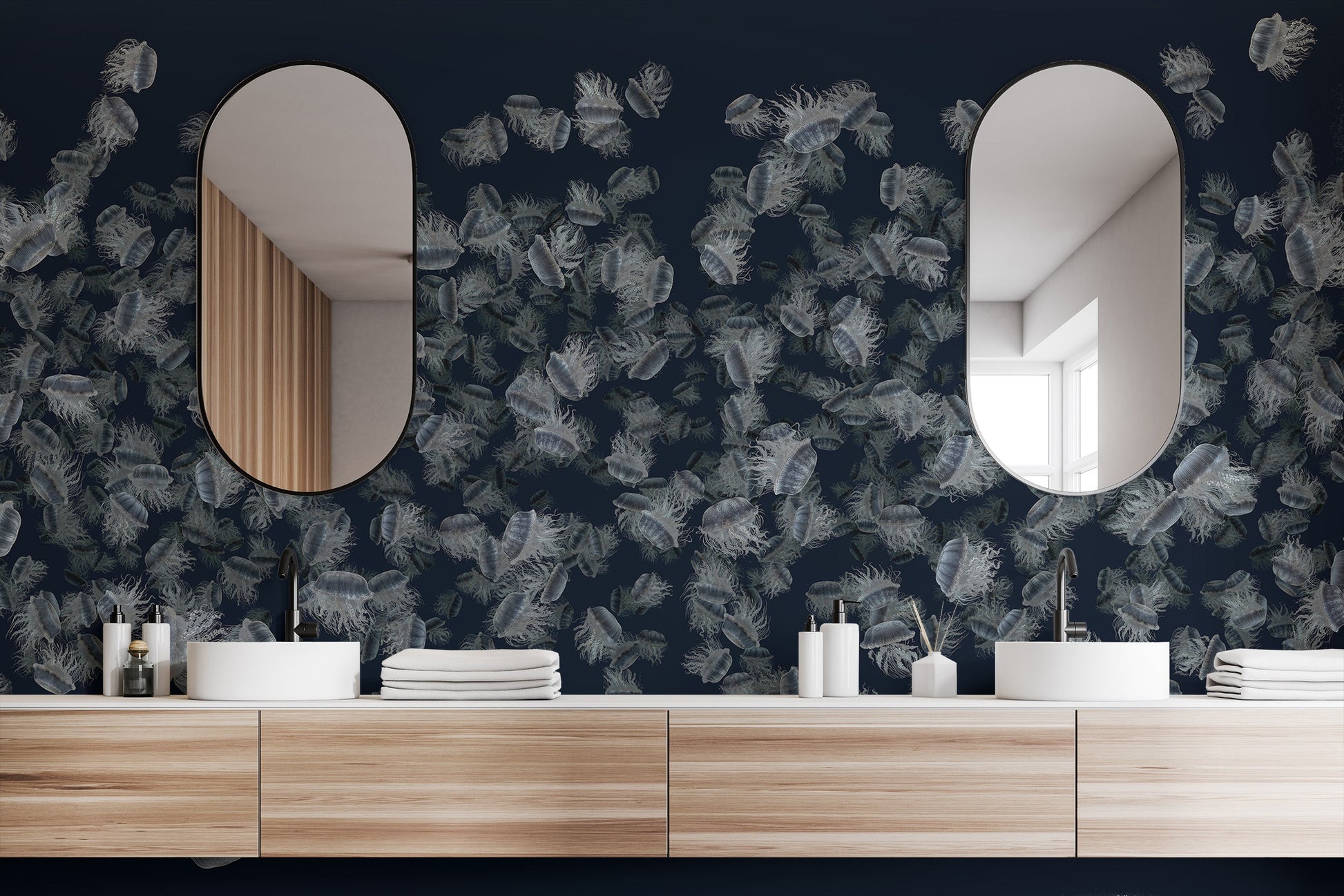 Dancing Jellyfish White on Dark Blue Wallpaper Murals - Giffywalls