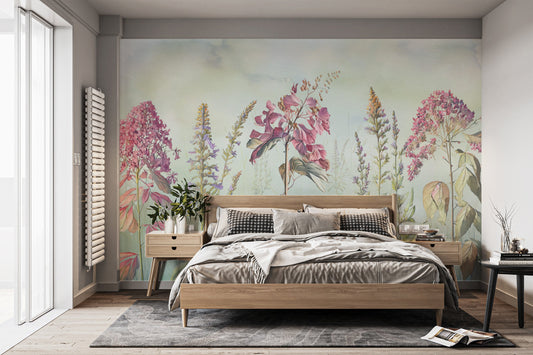 Wild flowers meadows blue wallpaper mural for a serene room ambiance.