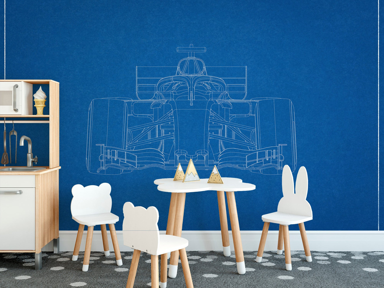 Racing car blueprint-style nursery wallpaper for walls
