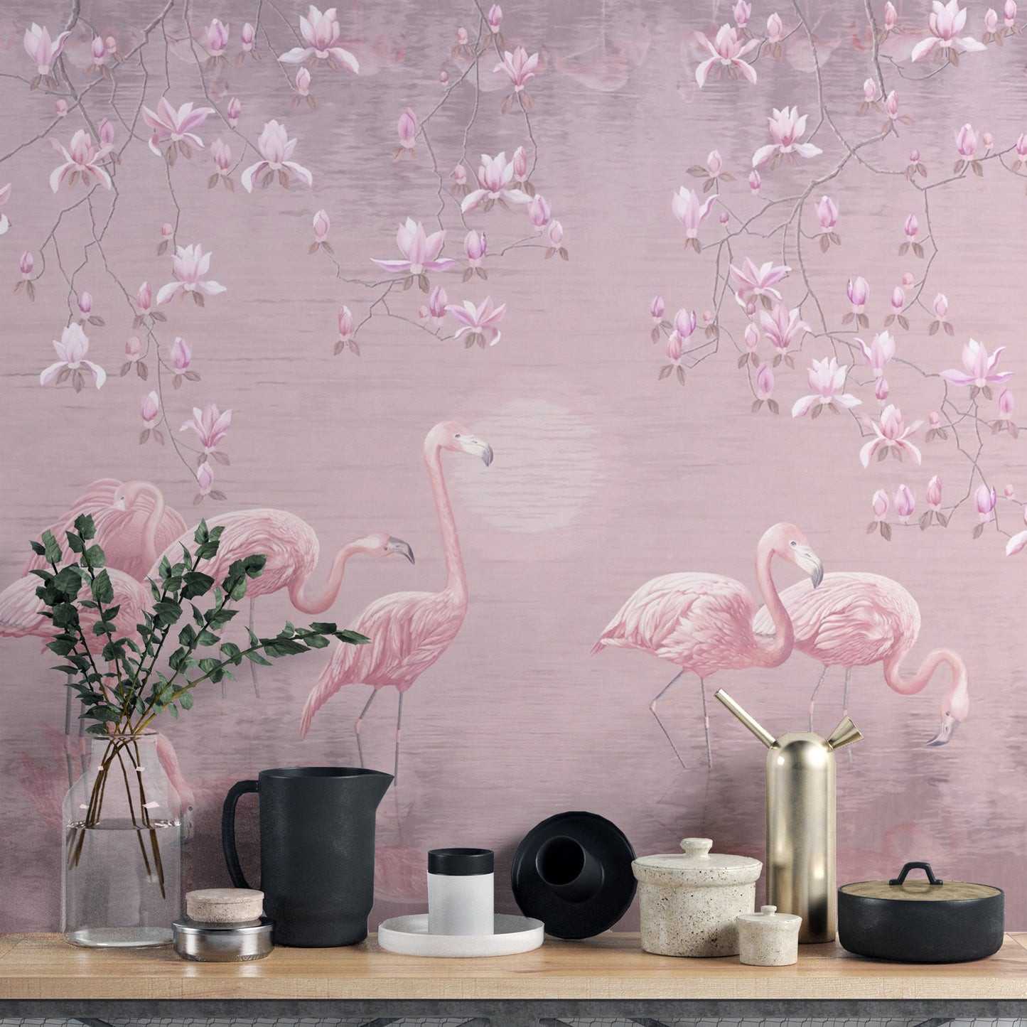 Elegant pink magnolia flamingo haven mural design