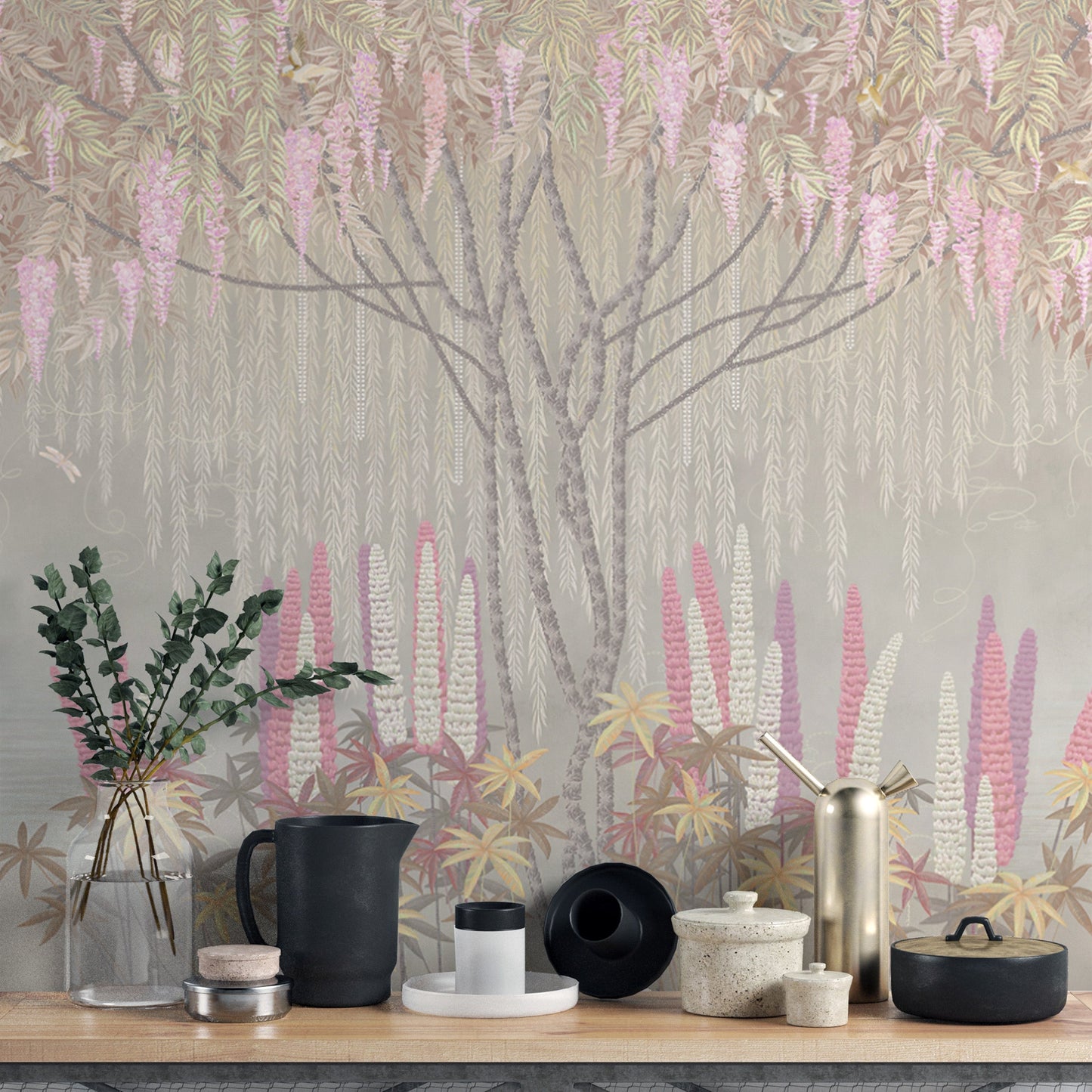 Elegant wisteria wallpaper mural in hues