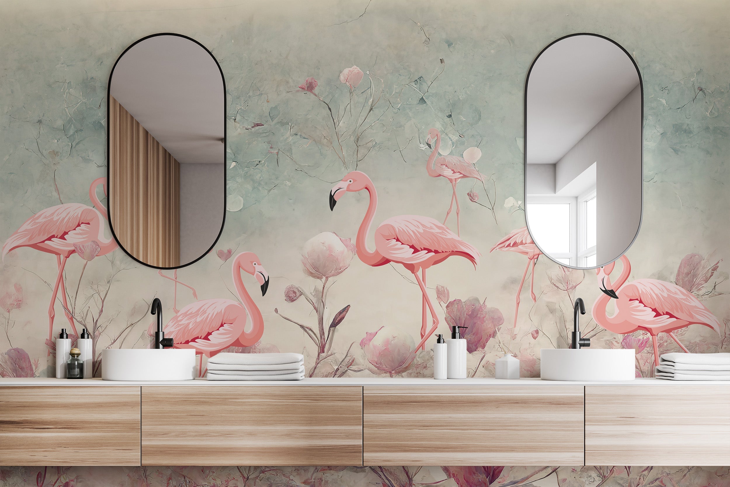 Vibrant flamingos in a mystic grove mural for artistic interiors.
