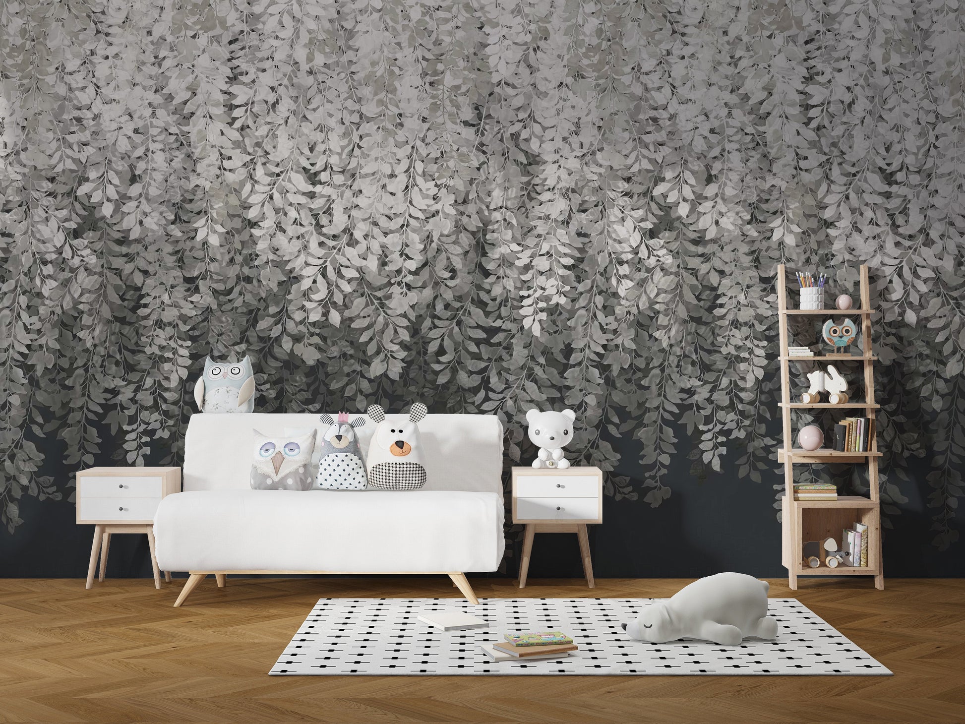 Delicate grey leaves wall pattern
