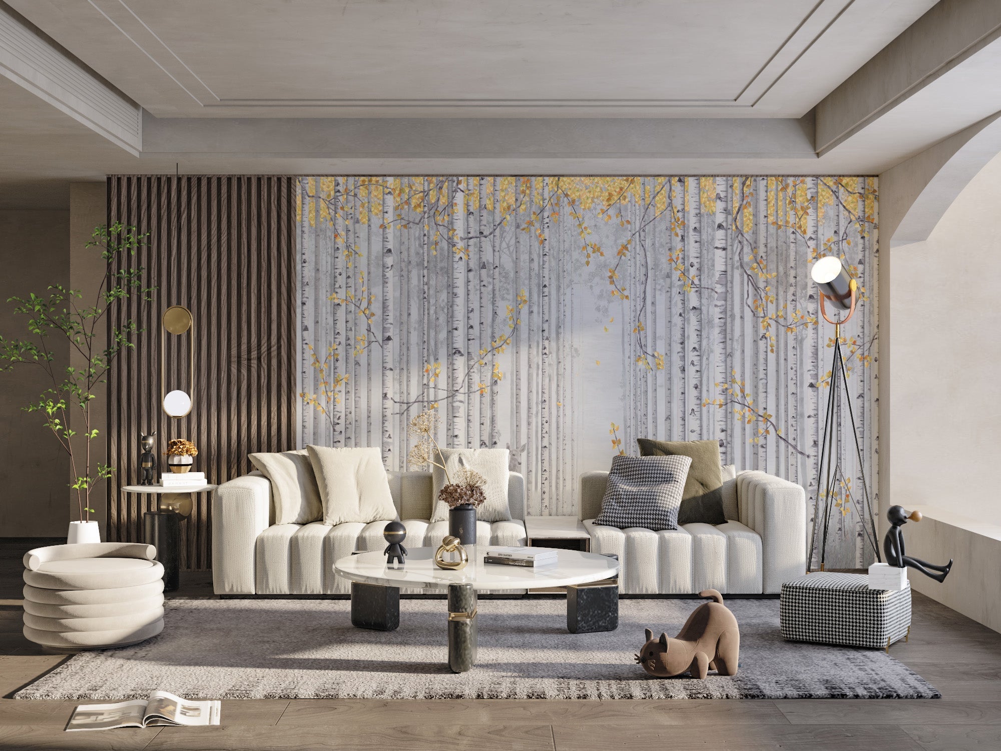 Tranquil wallpaper featuring gray birch trees and yellow foliage