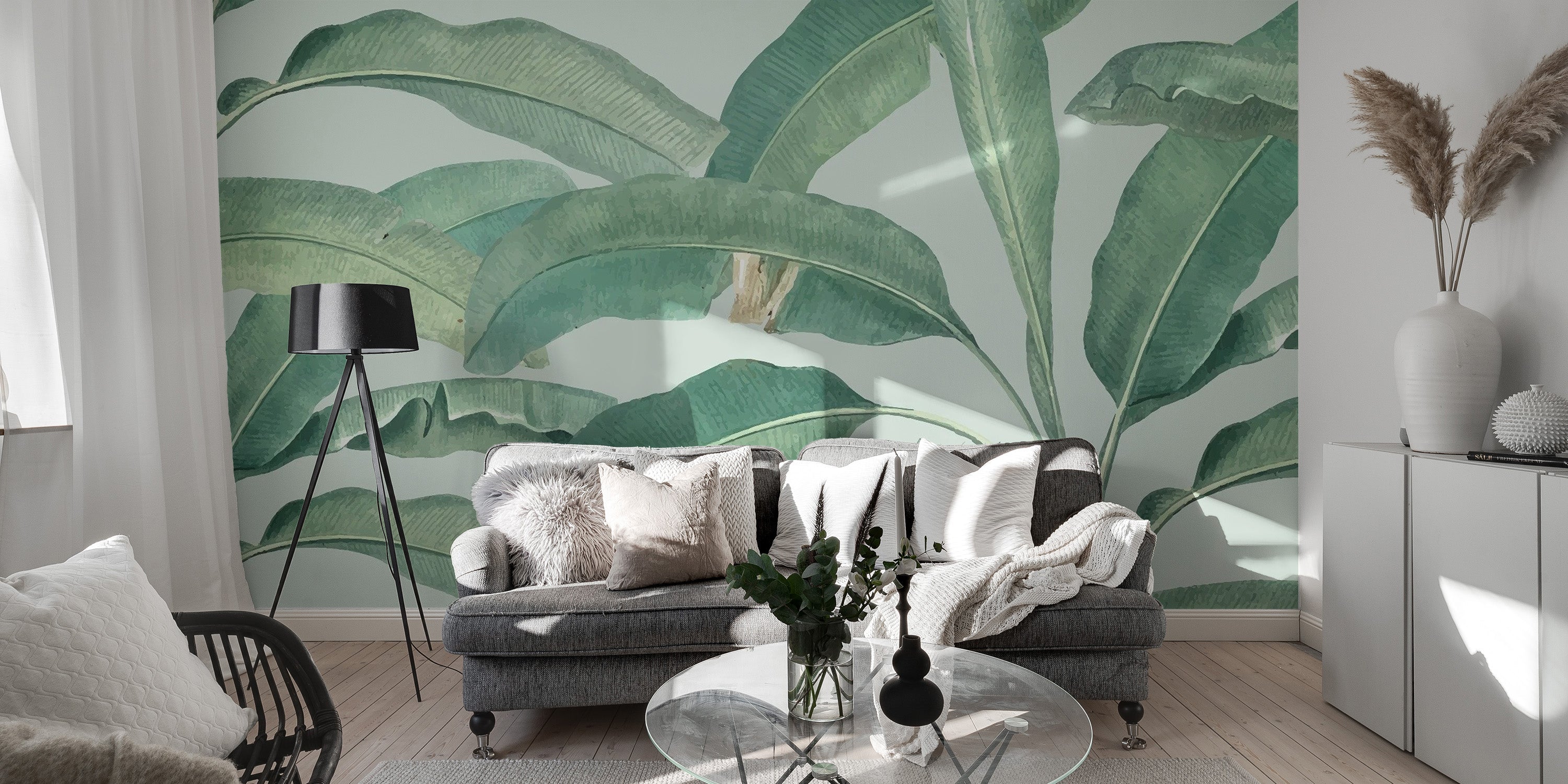 Tropical banana leaf mural featuring bold green foliage.