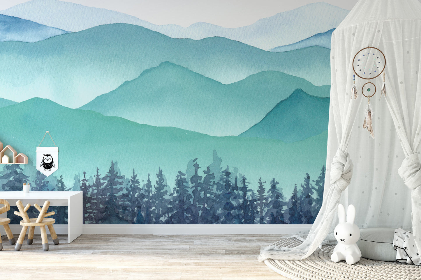 Whimsical watercolor landscape wallpaper.