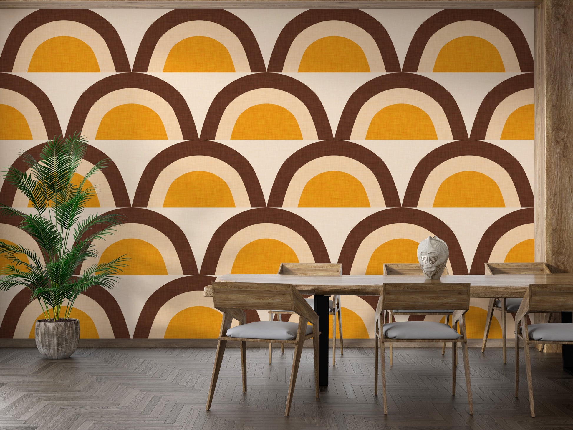 Brown and yellow arch design retro wallpaper
