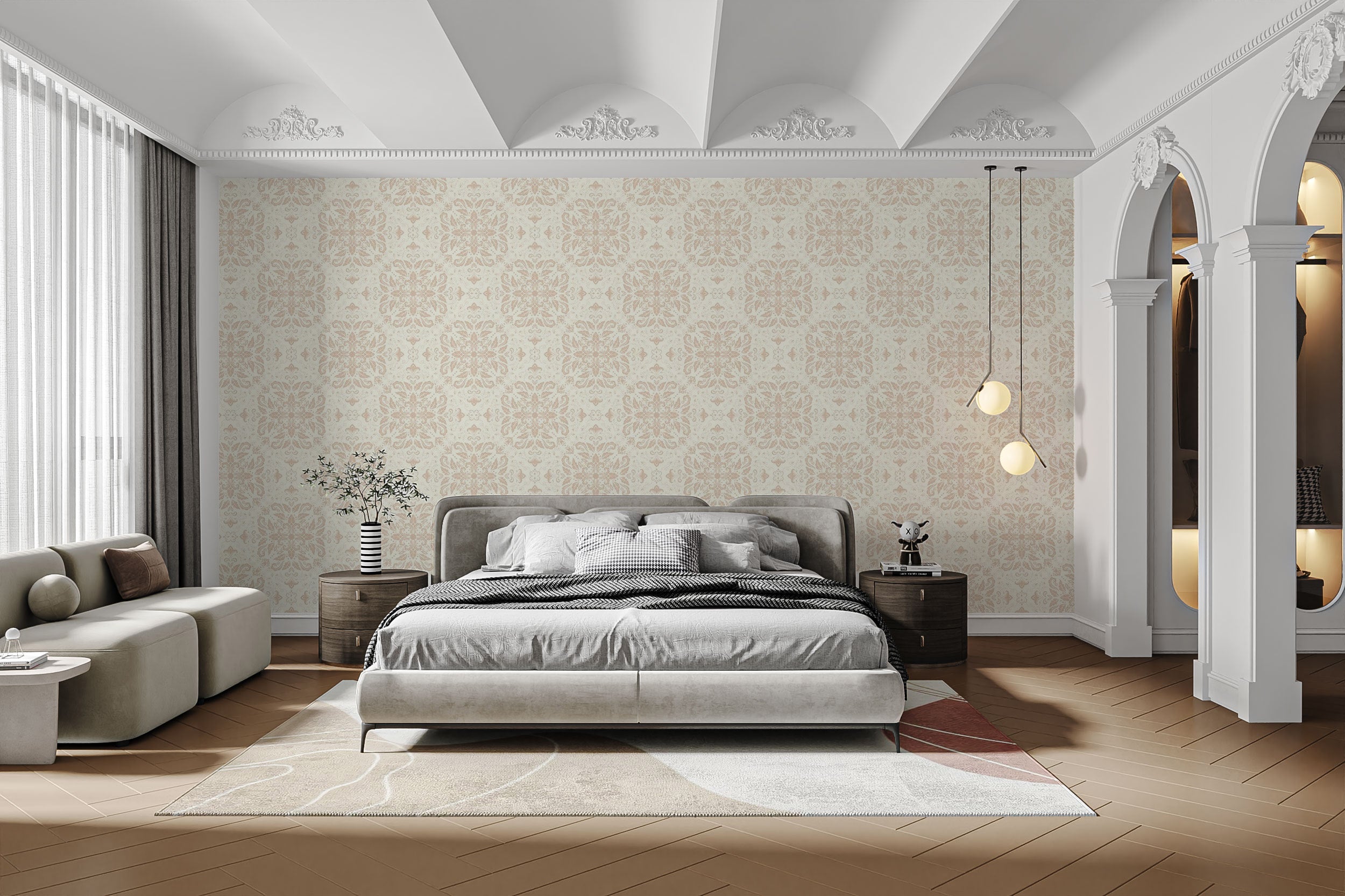 Beige damask wallpaper for refined interiors
