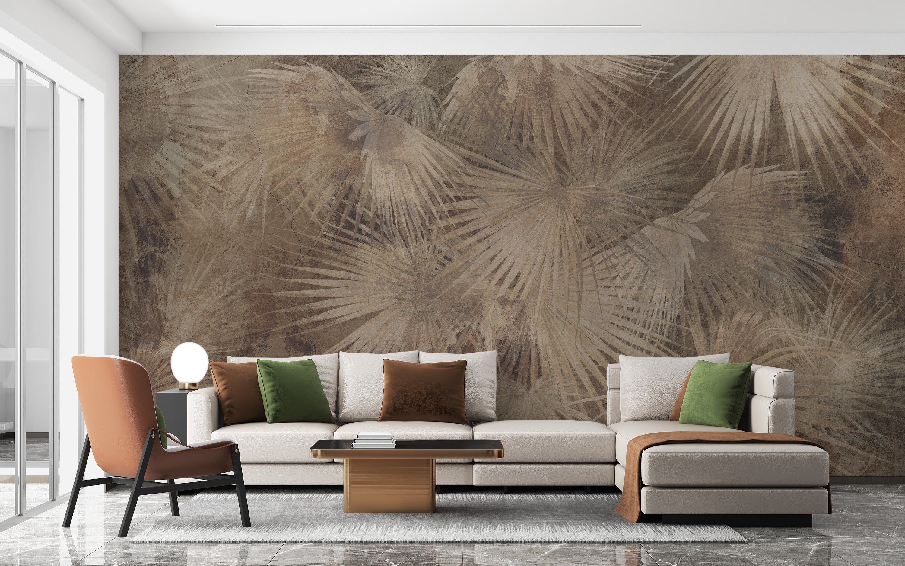 Exotic palm leaves mural with earthy tones